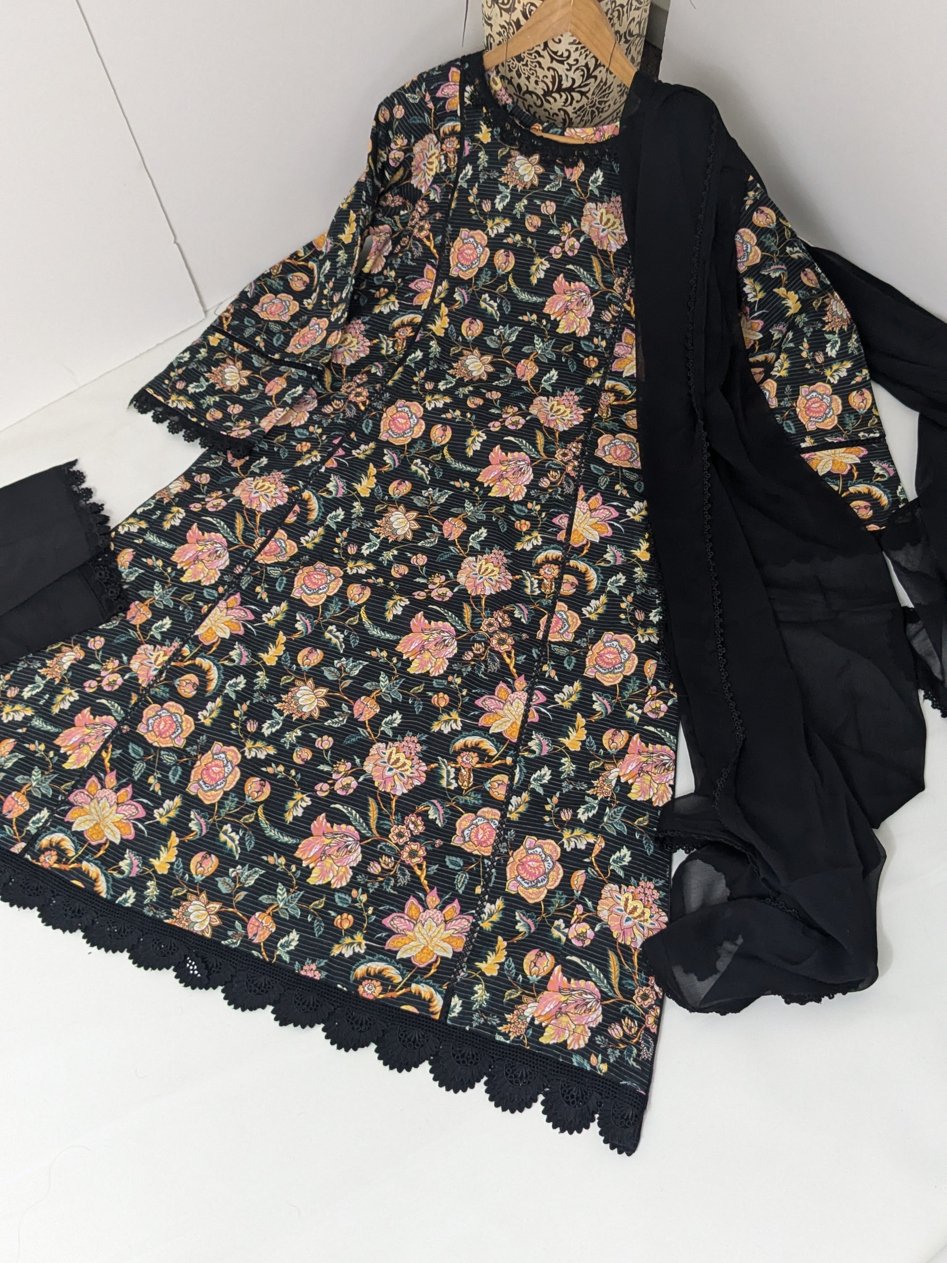 Black and Amber 3 Piece Khaddar Outfit