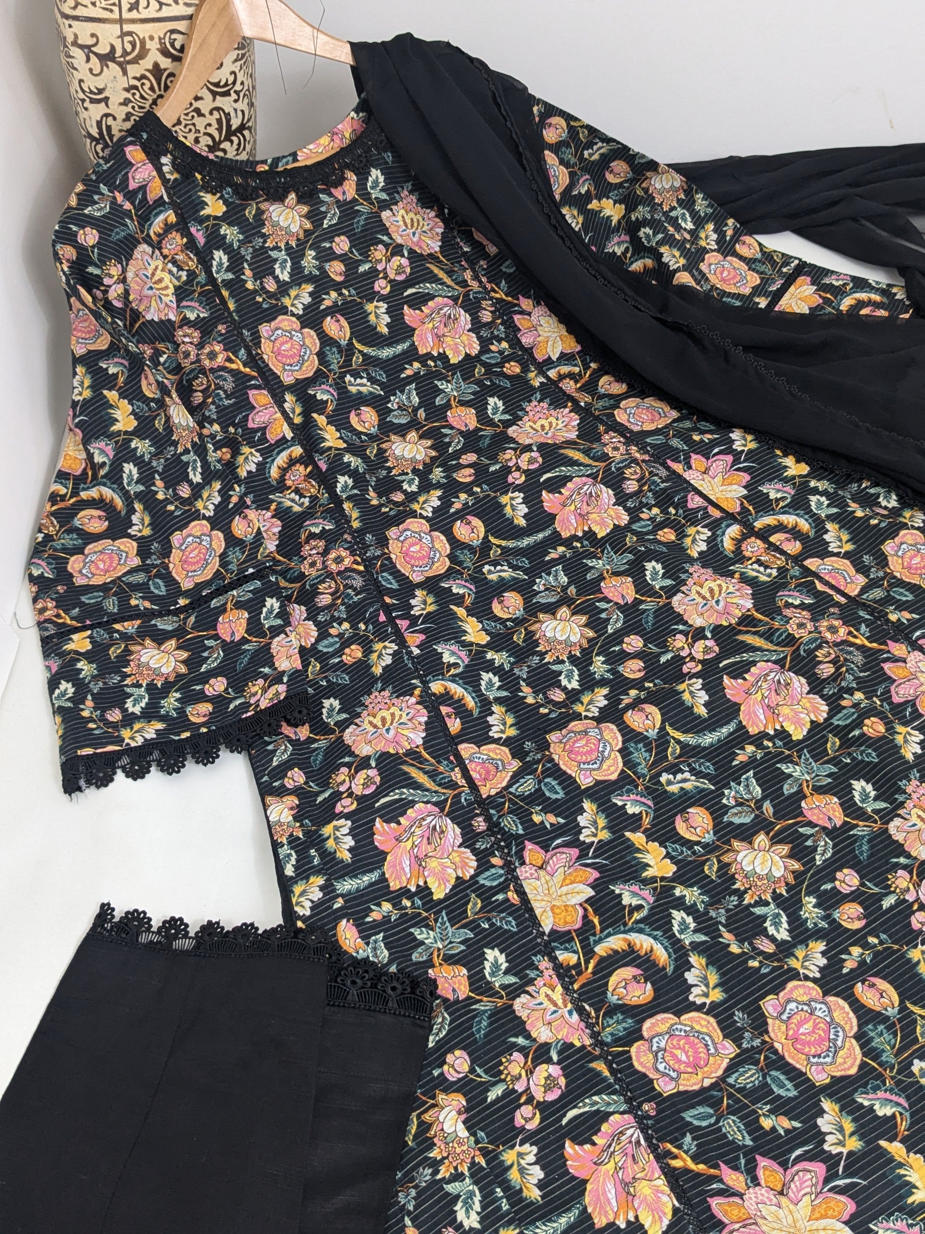 Black and Amber 3 Piece Khaddar Outfit