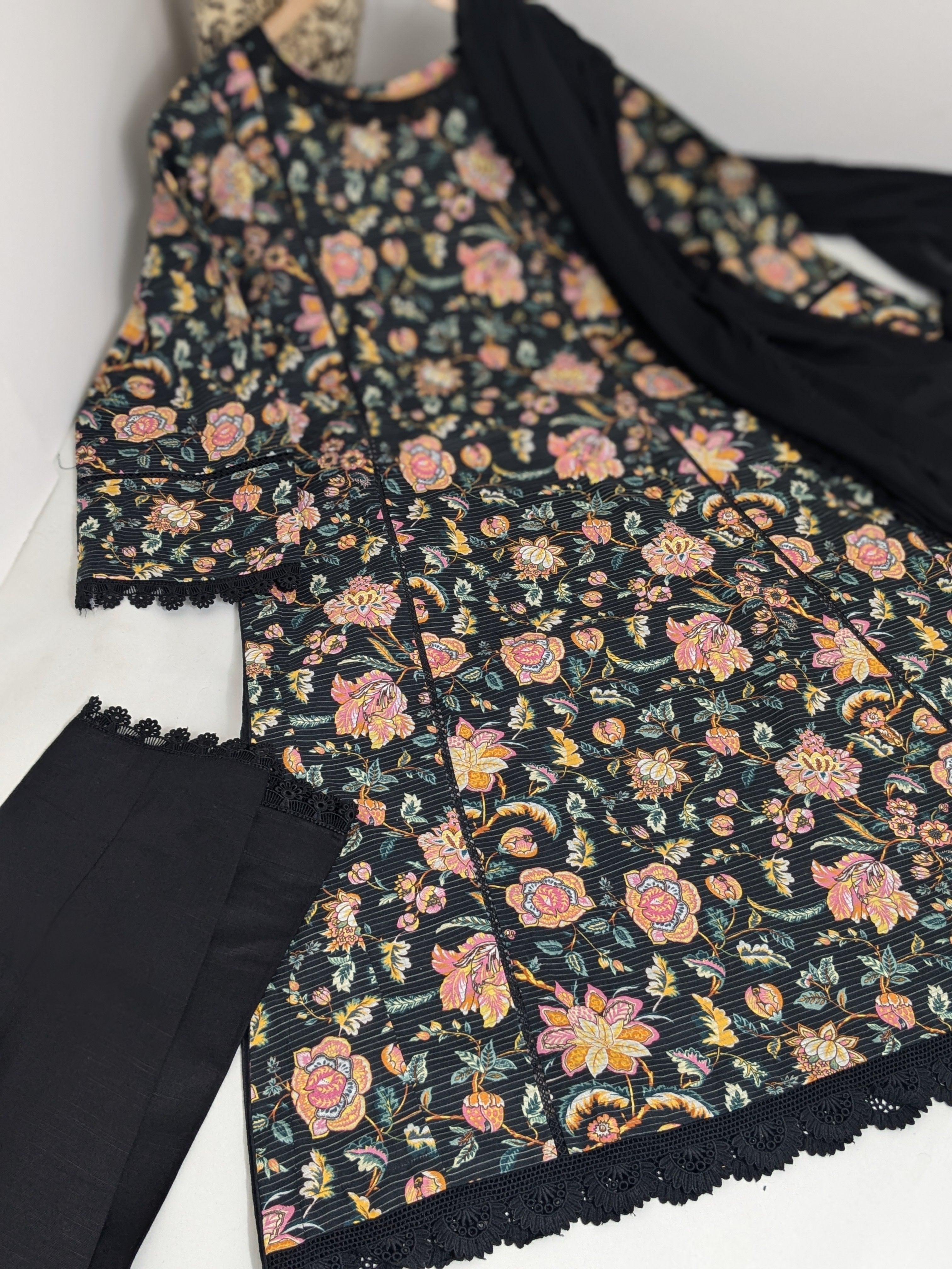 Black and Amber 3 Piece Khaddar Outfit