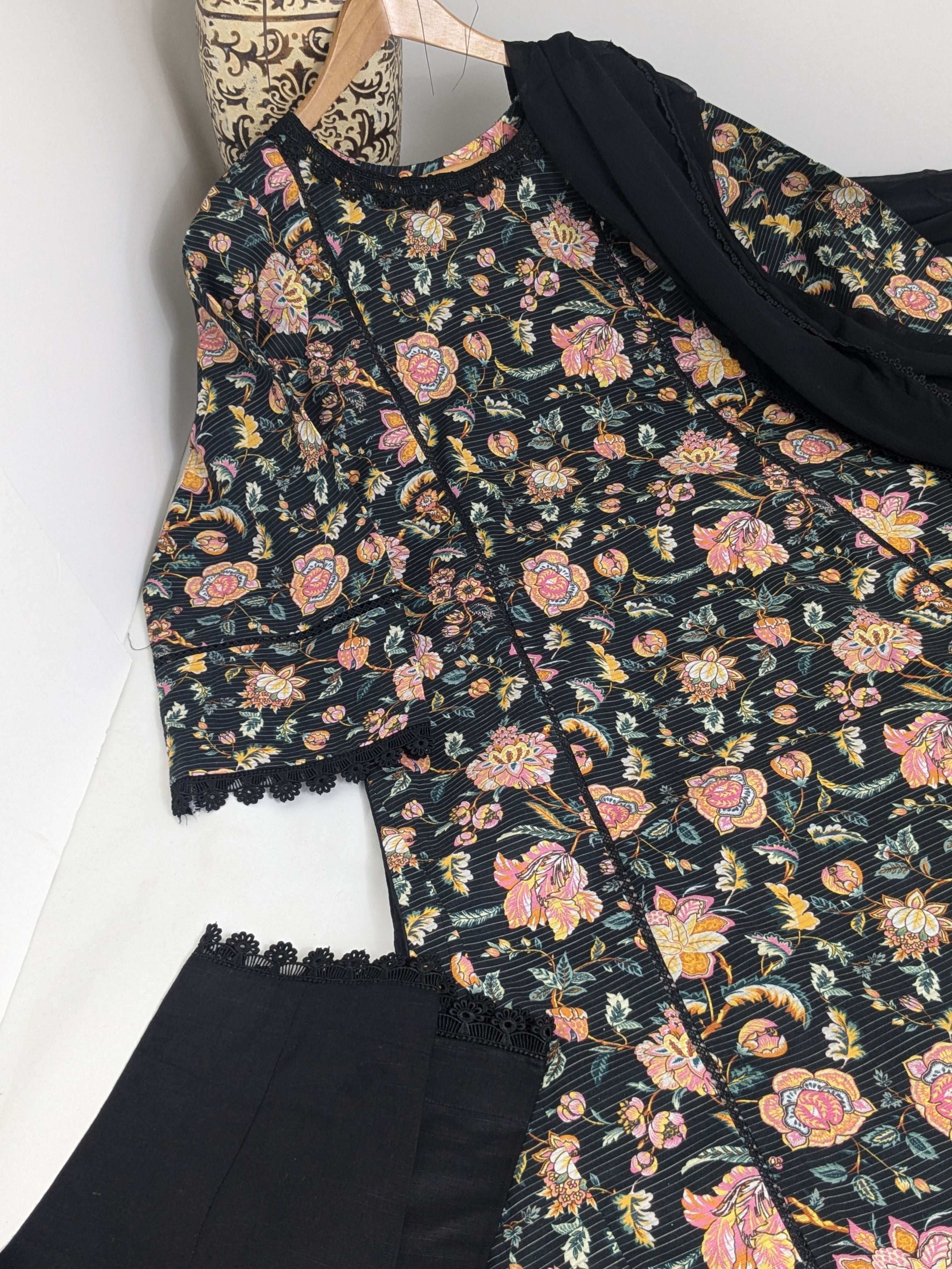 Black and Amber 3 Piece Khaddar Outfit