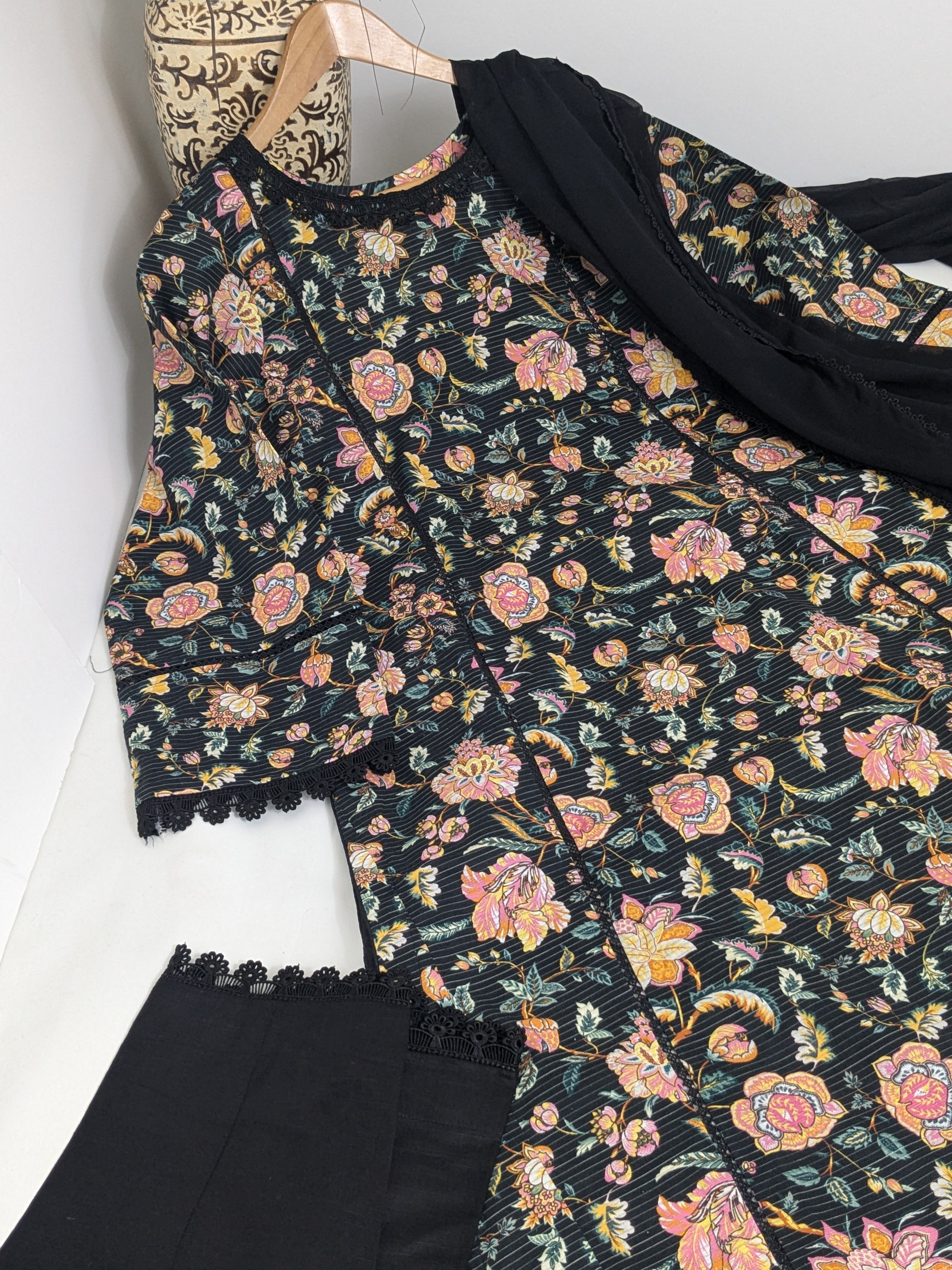Black and Amber 3 Piece Khaddar Outfit