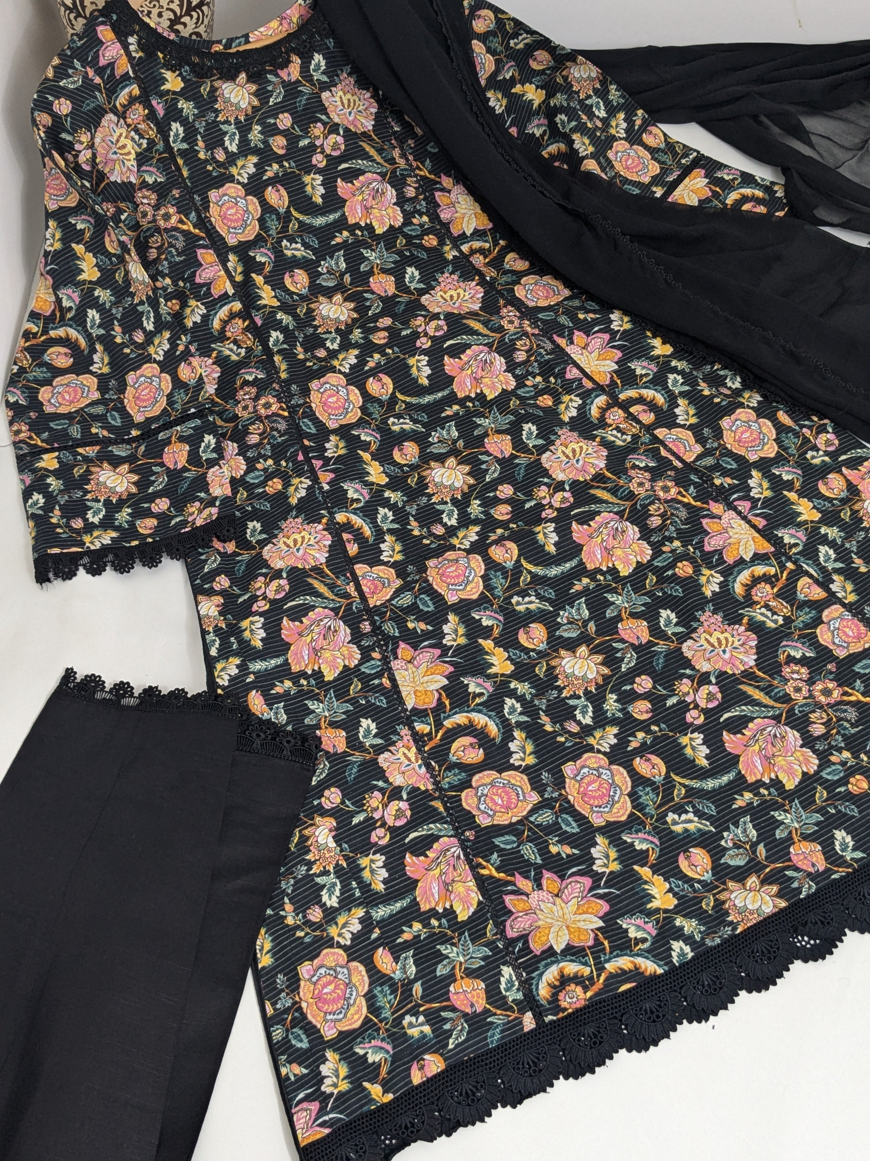 Black and Amber 3 Piece Khaddar Outfit