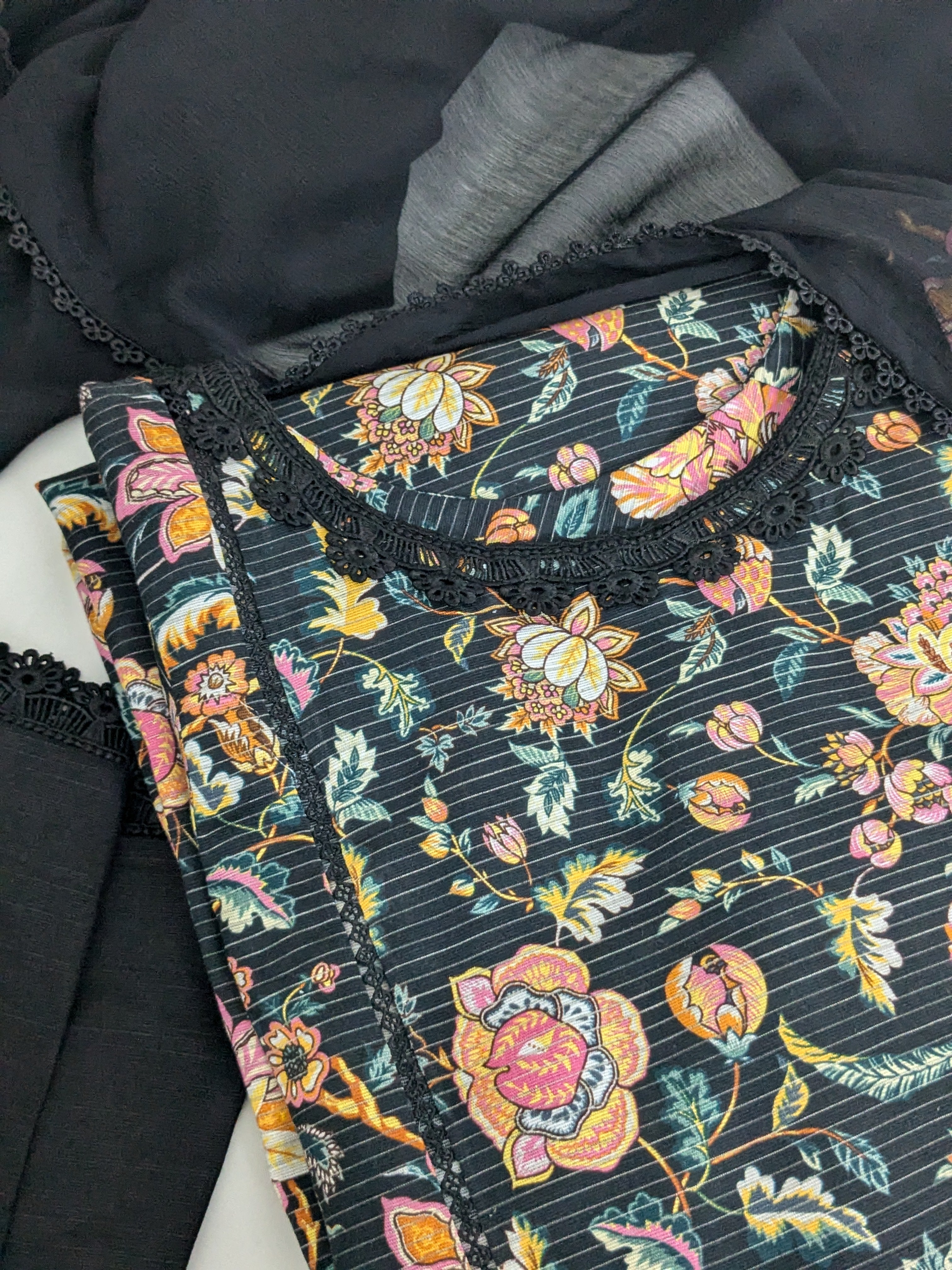 Black and Amber 3 Piece Khaddar Outfit
