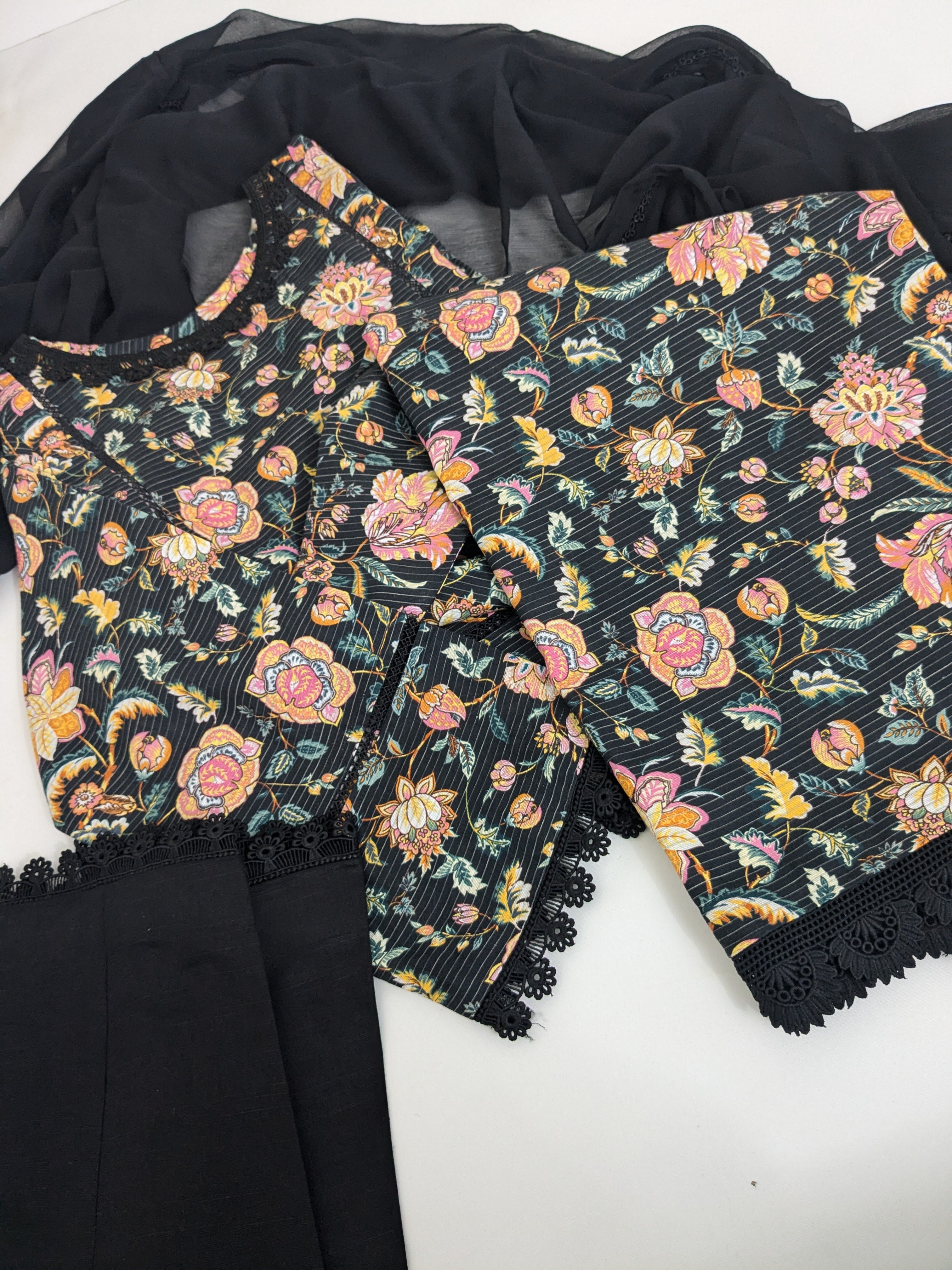 Black and Amber 3 Piece Khaddar Outfit