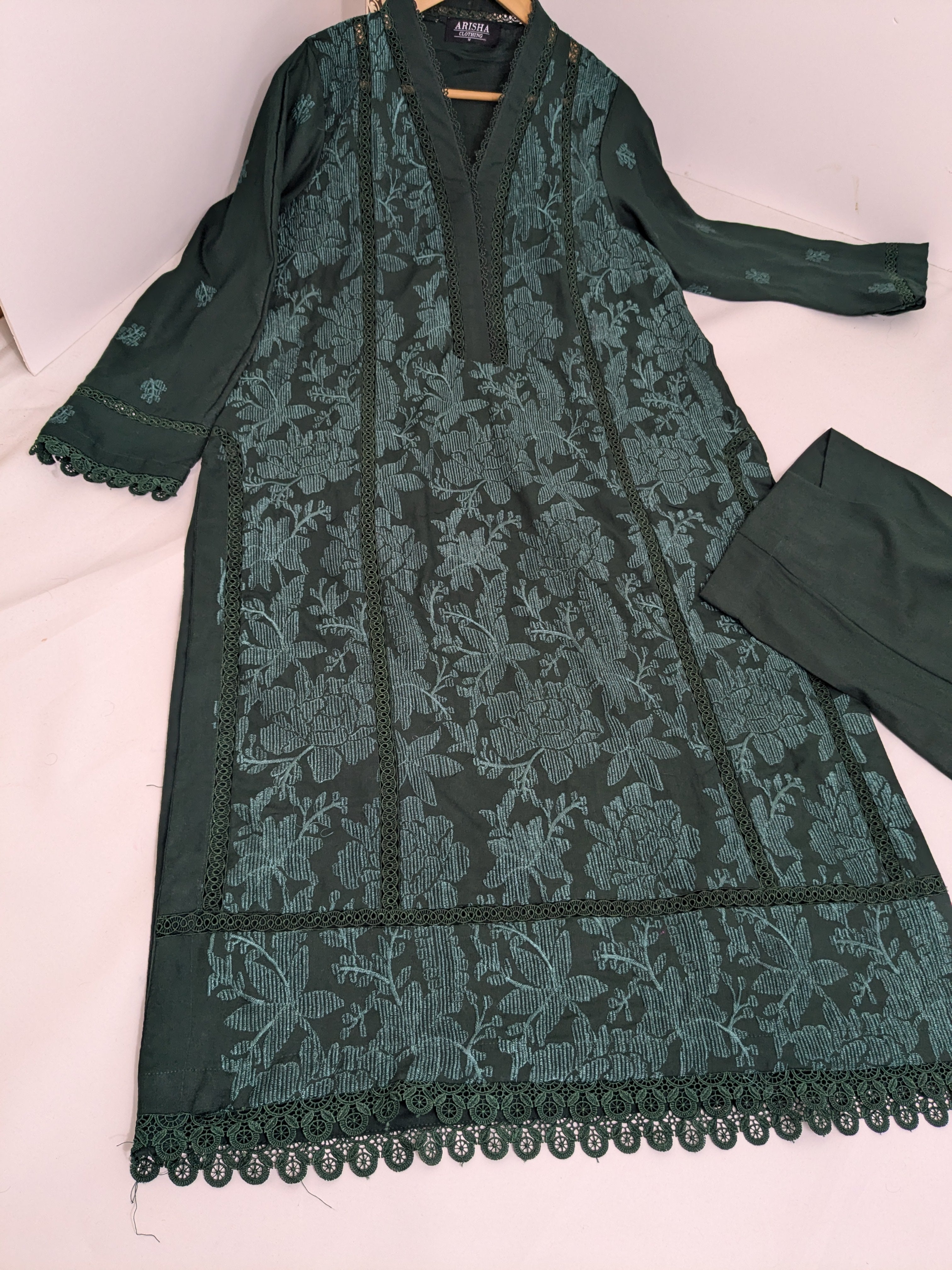 Bottle Green Self Embroidered 2 Piece Marina Outfit