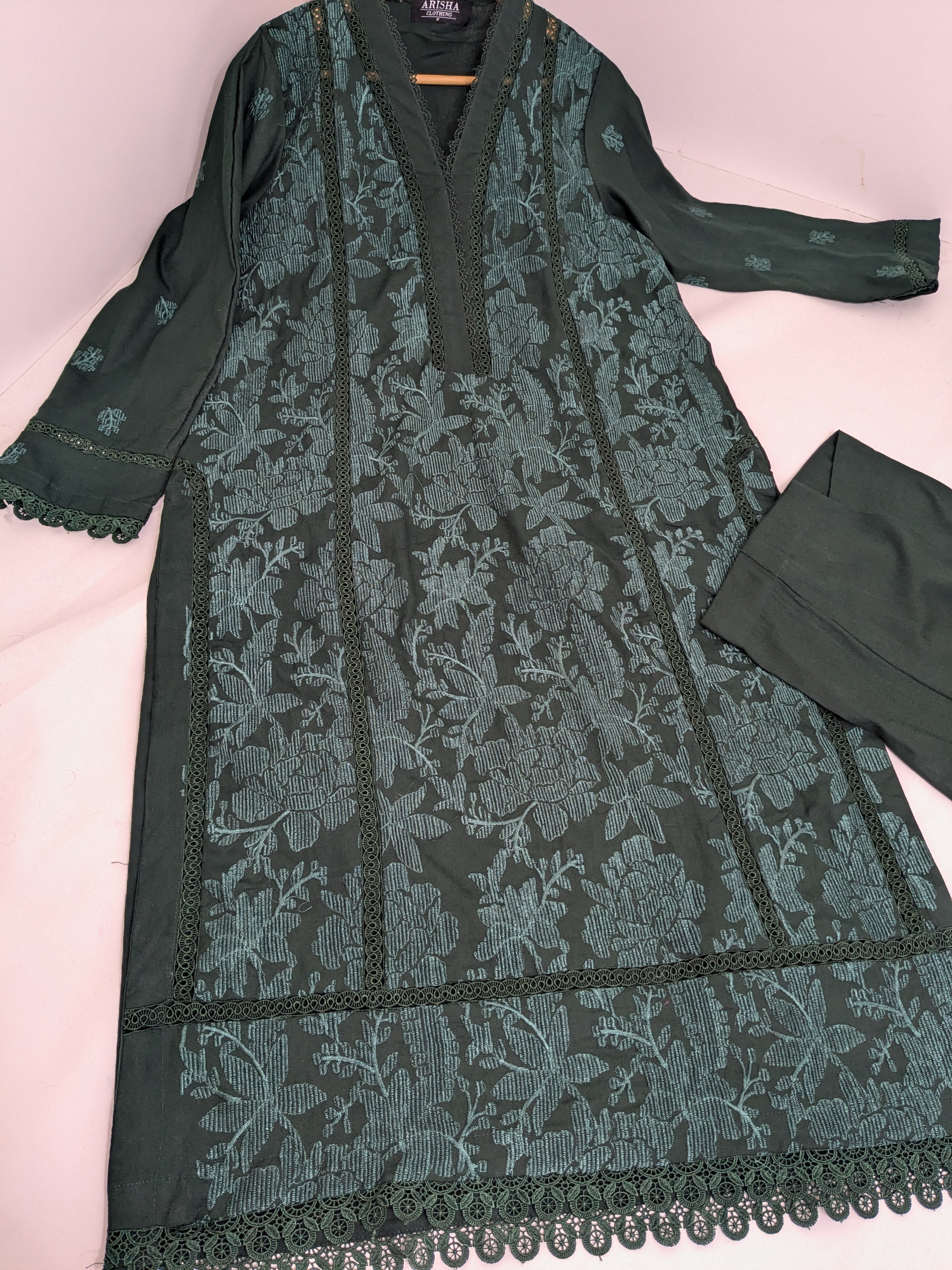 Bottle Green Self Embroidered 2 Piece Marina Outfit