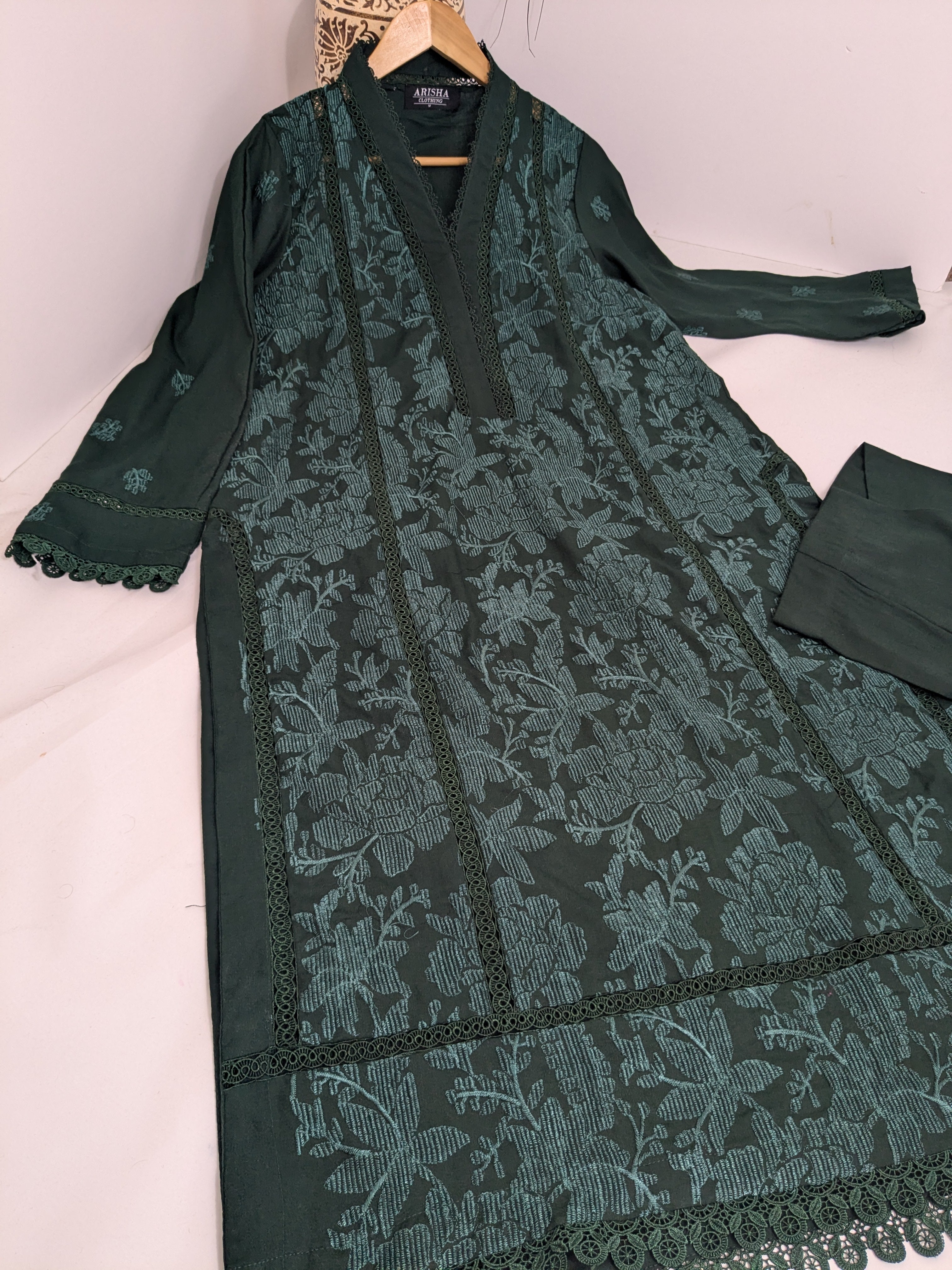 Bottle Green Self Embroidered 2 Piece Marina Outfit