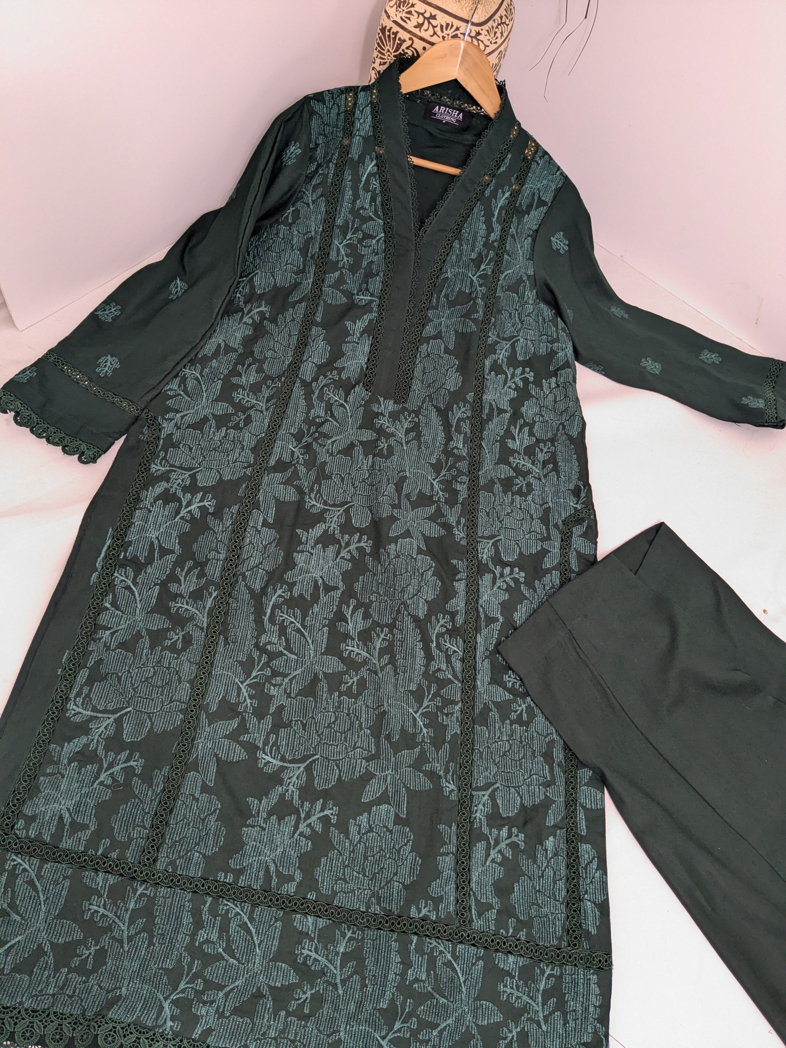 Bottle Green Self Embroidered 2 Piece Marina Outfit