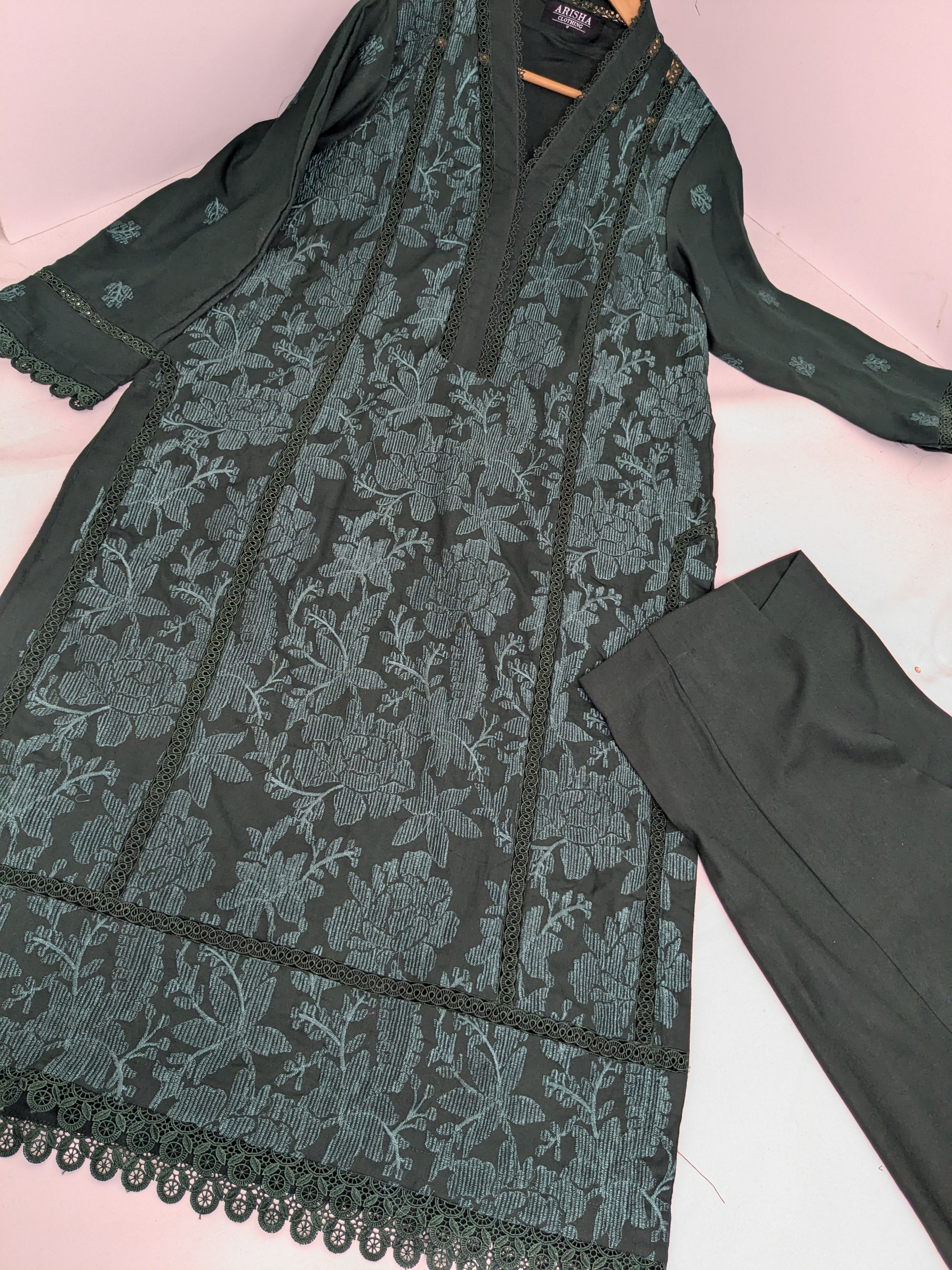 Bottle Green Self Embroidered 2 Piece Marina Outfit