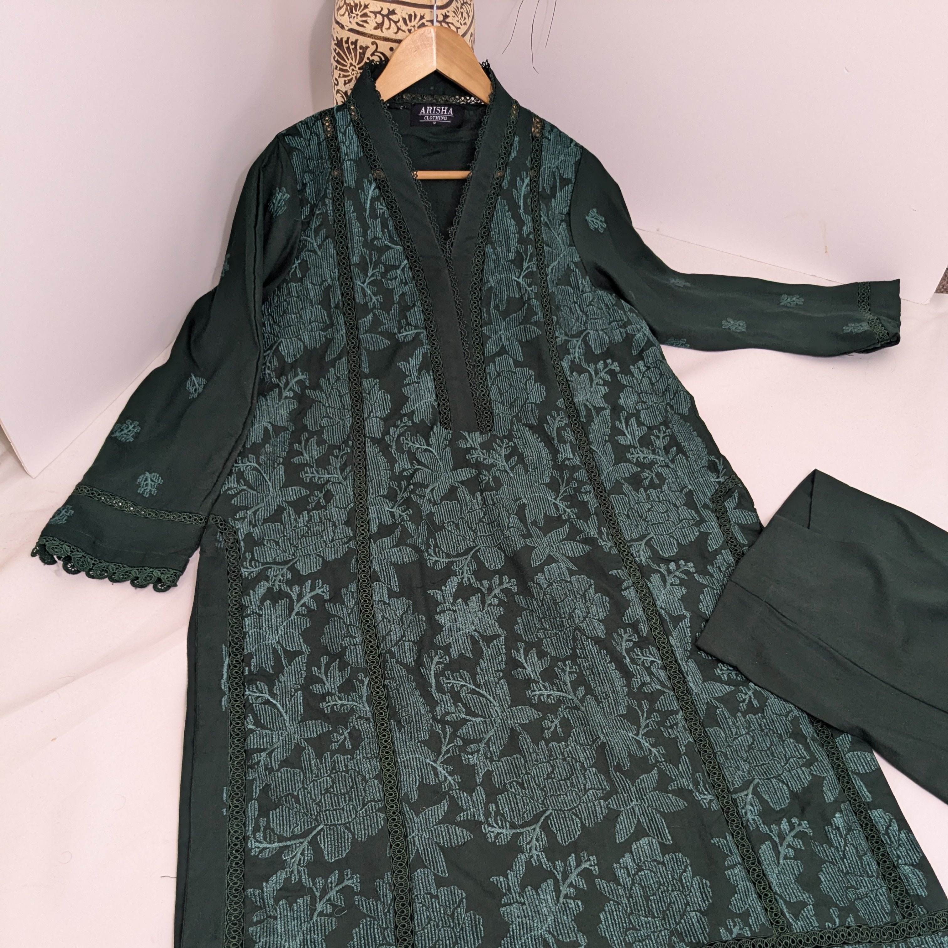 Bottle Green Self Embroidered 2 Piece Marina Outfit