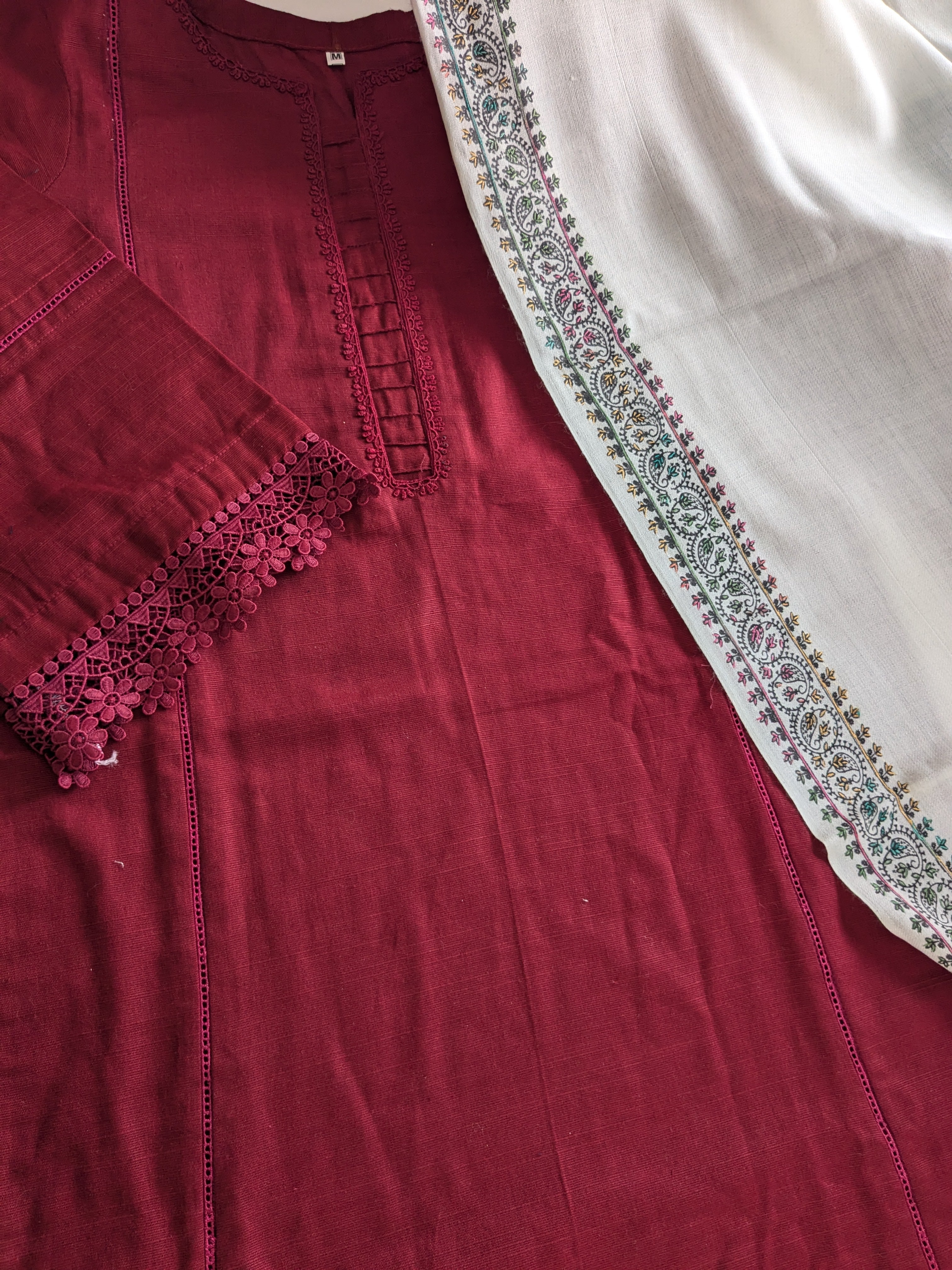 Maroon 3 Piece Khaddar Outfit (long kameez)