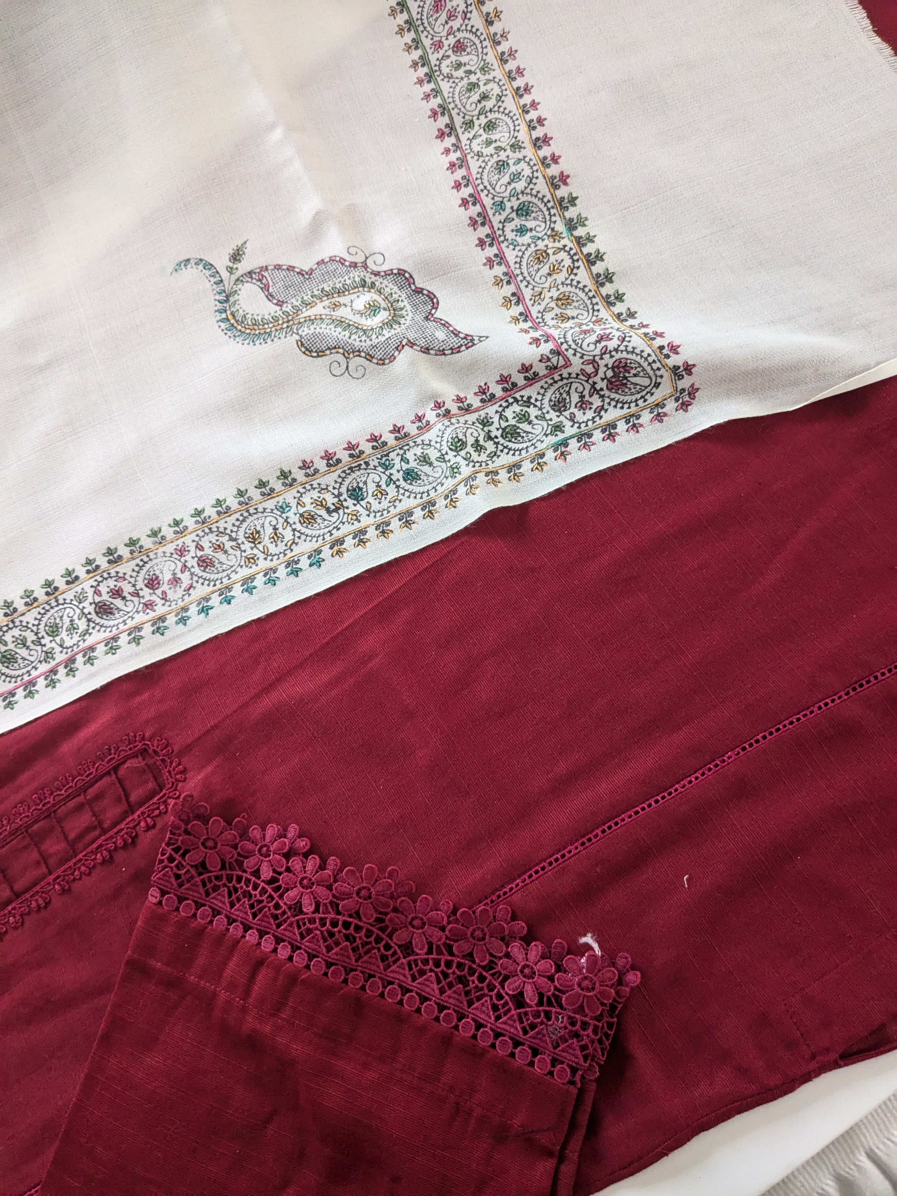 Maroon 3 Piece Khaddar Outfit (long kameez)