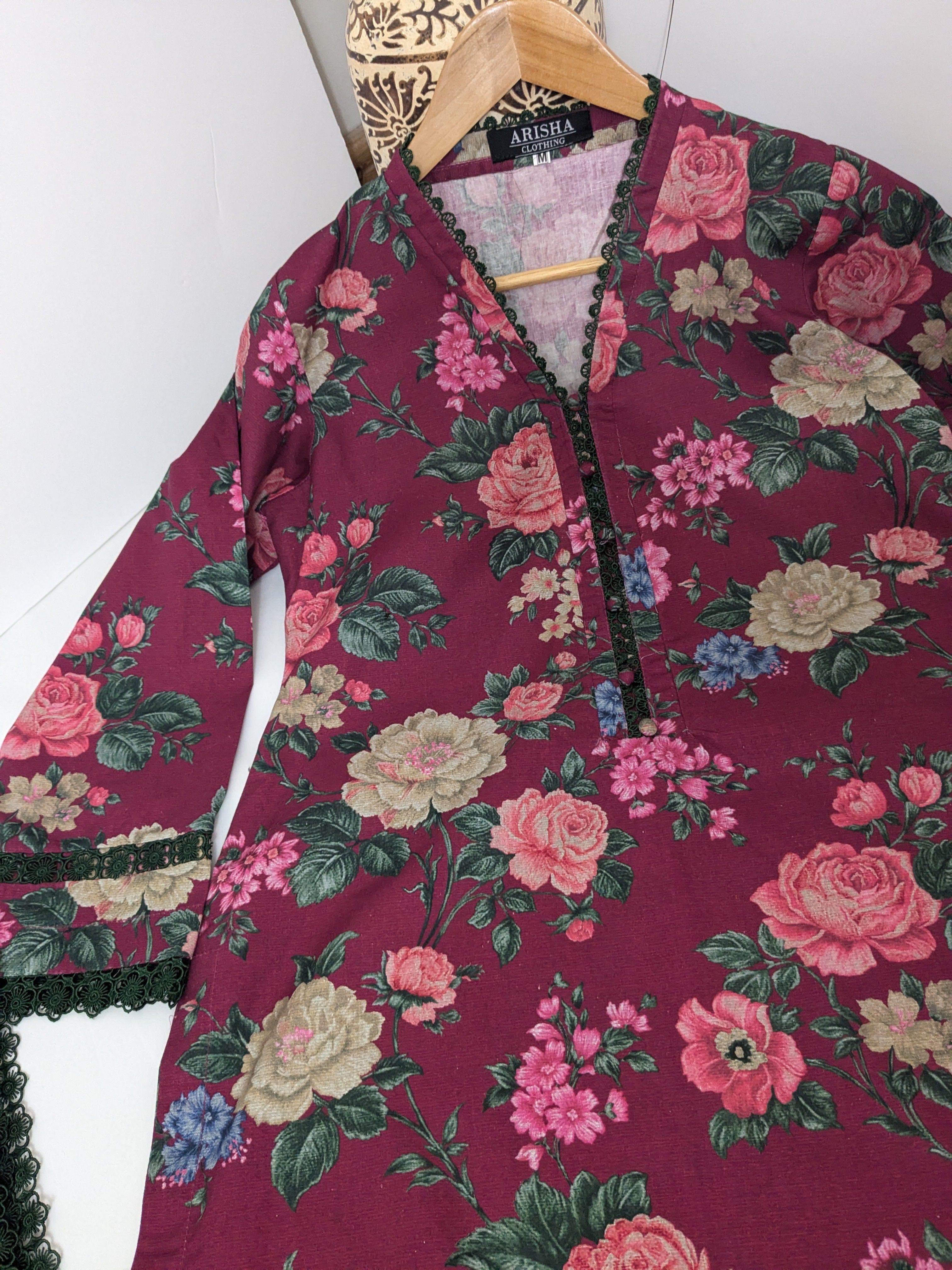 Baroque Burgundy Floral 3 Piece Khaddar Outfit