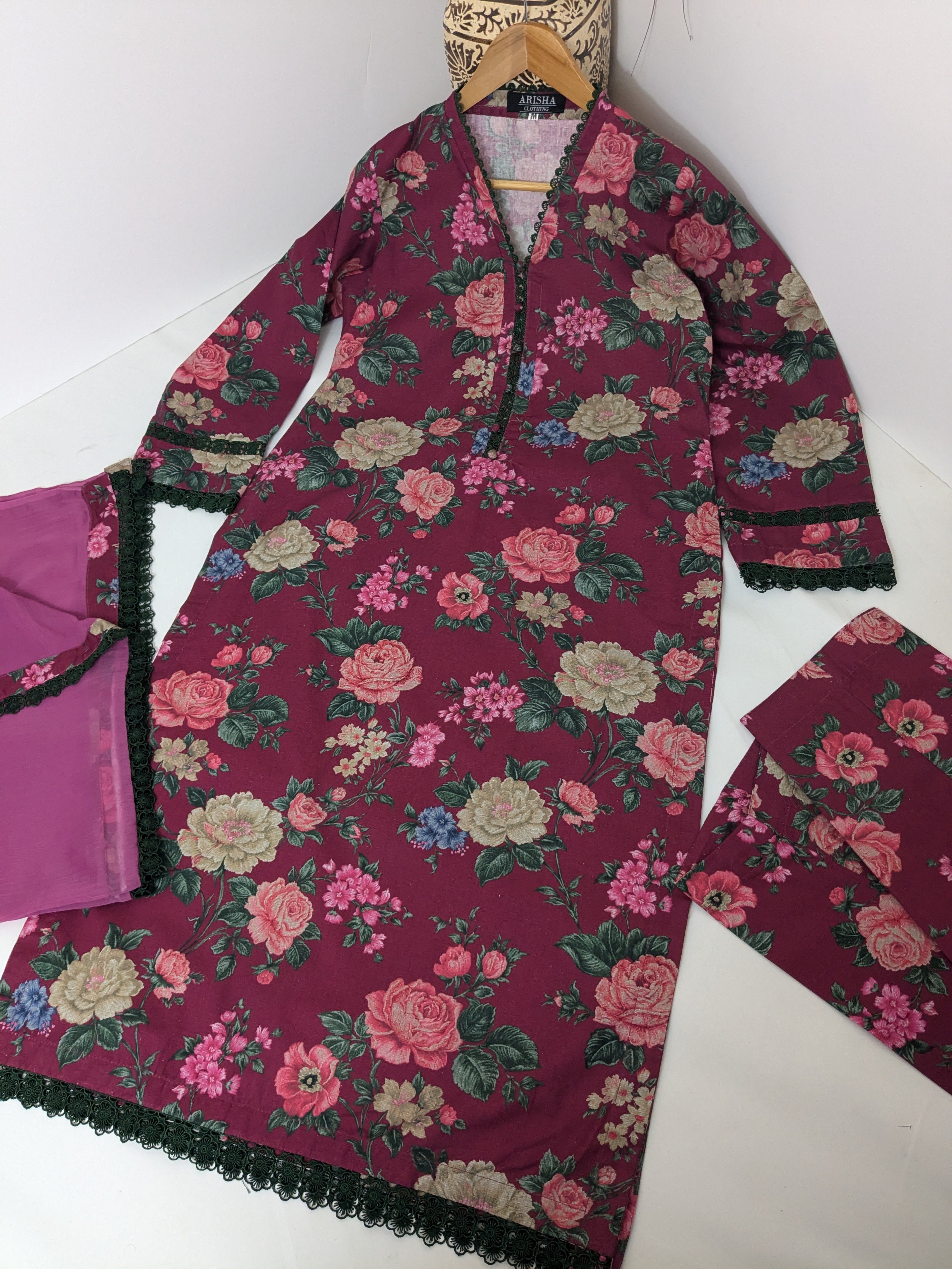 Baroque Burgundy Floral 3 Piece Khaddar Outfit