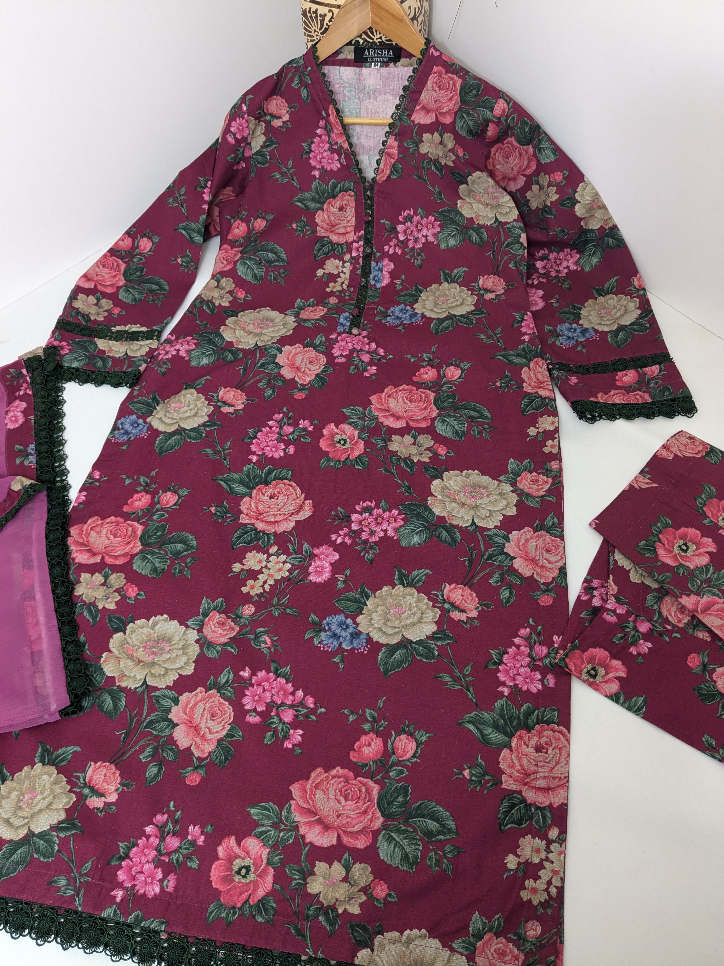 Baroque Burgundy Floral 3 Piece Khaddar Outfit