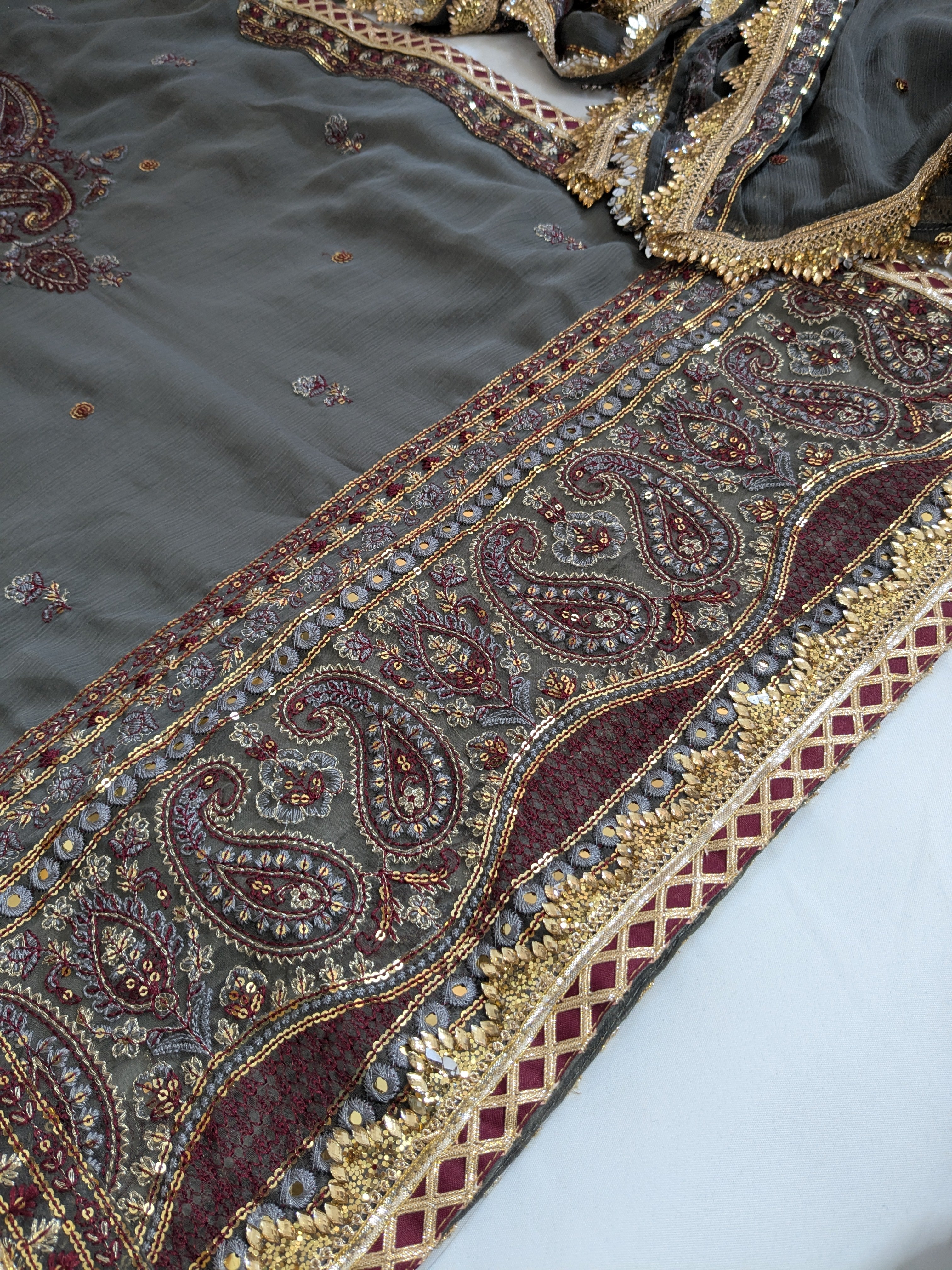 Asim Jofa Dark Grey and Maroon 3 Piece Chiffon Outfit