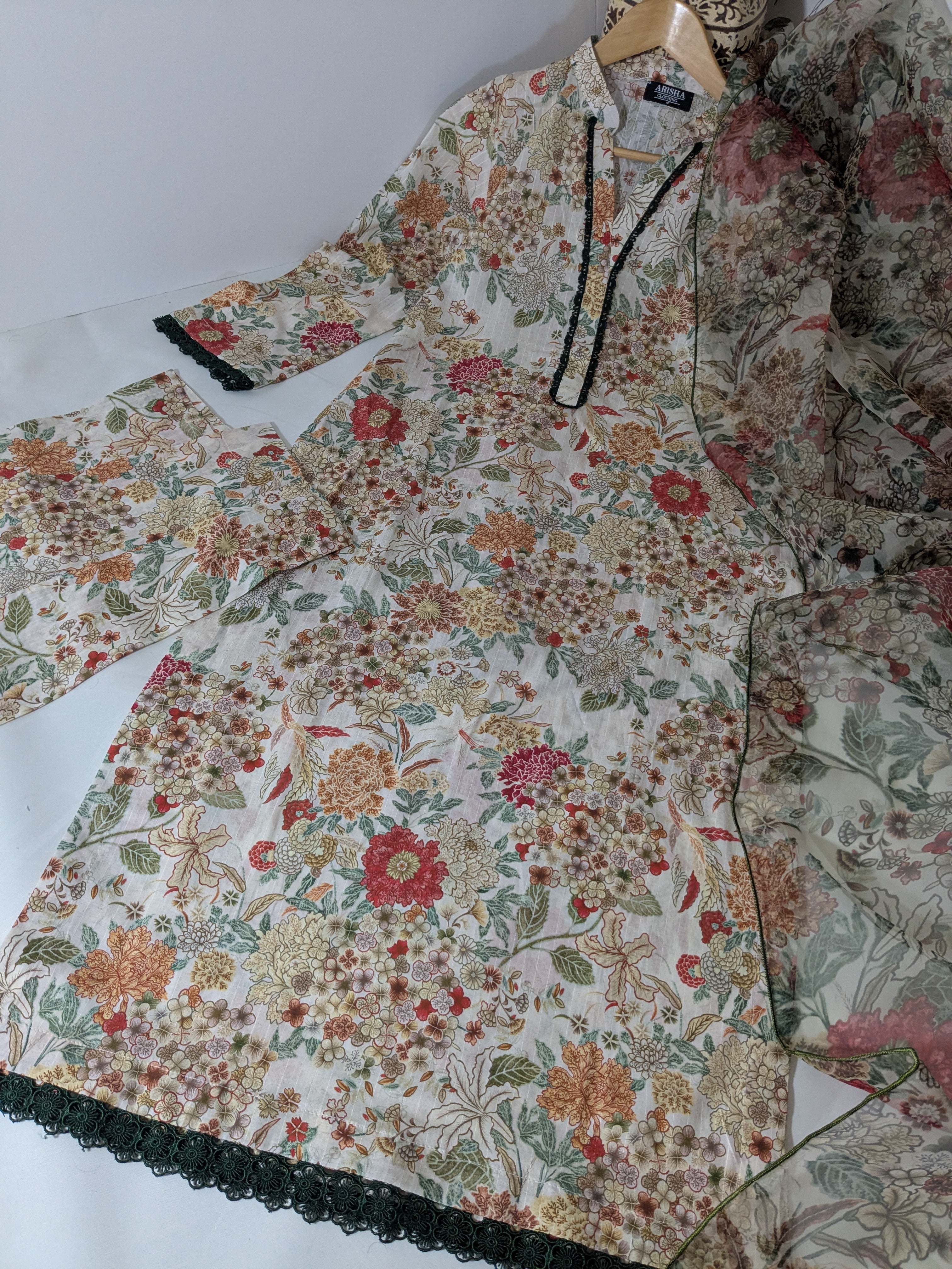 Ethnic White Floral 3 Piece Lawn Outfit