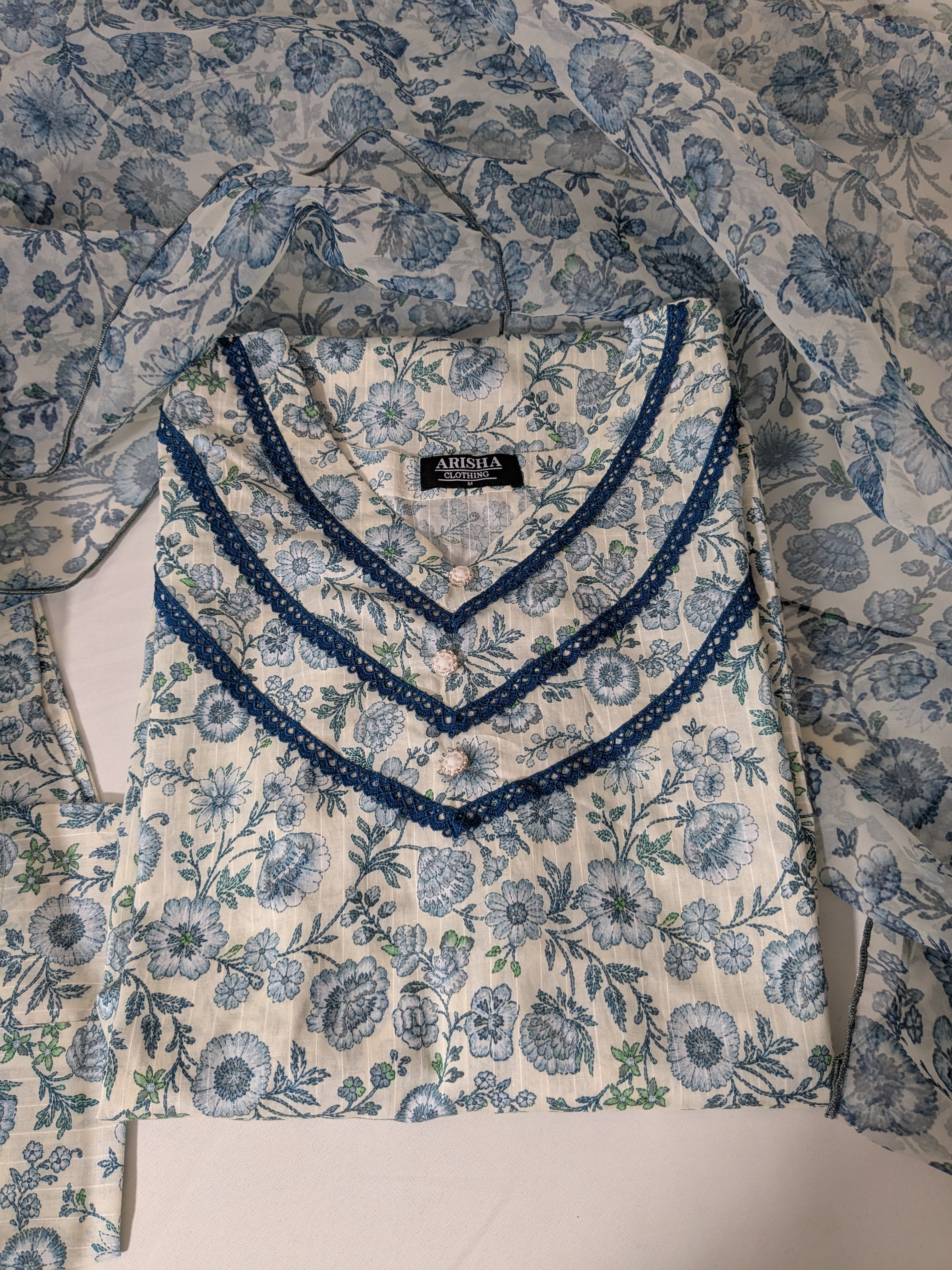Ethnic White and Blue 3 Piece Lawn Outfit