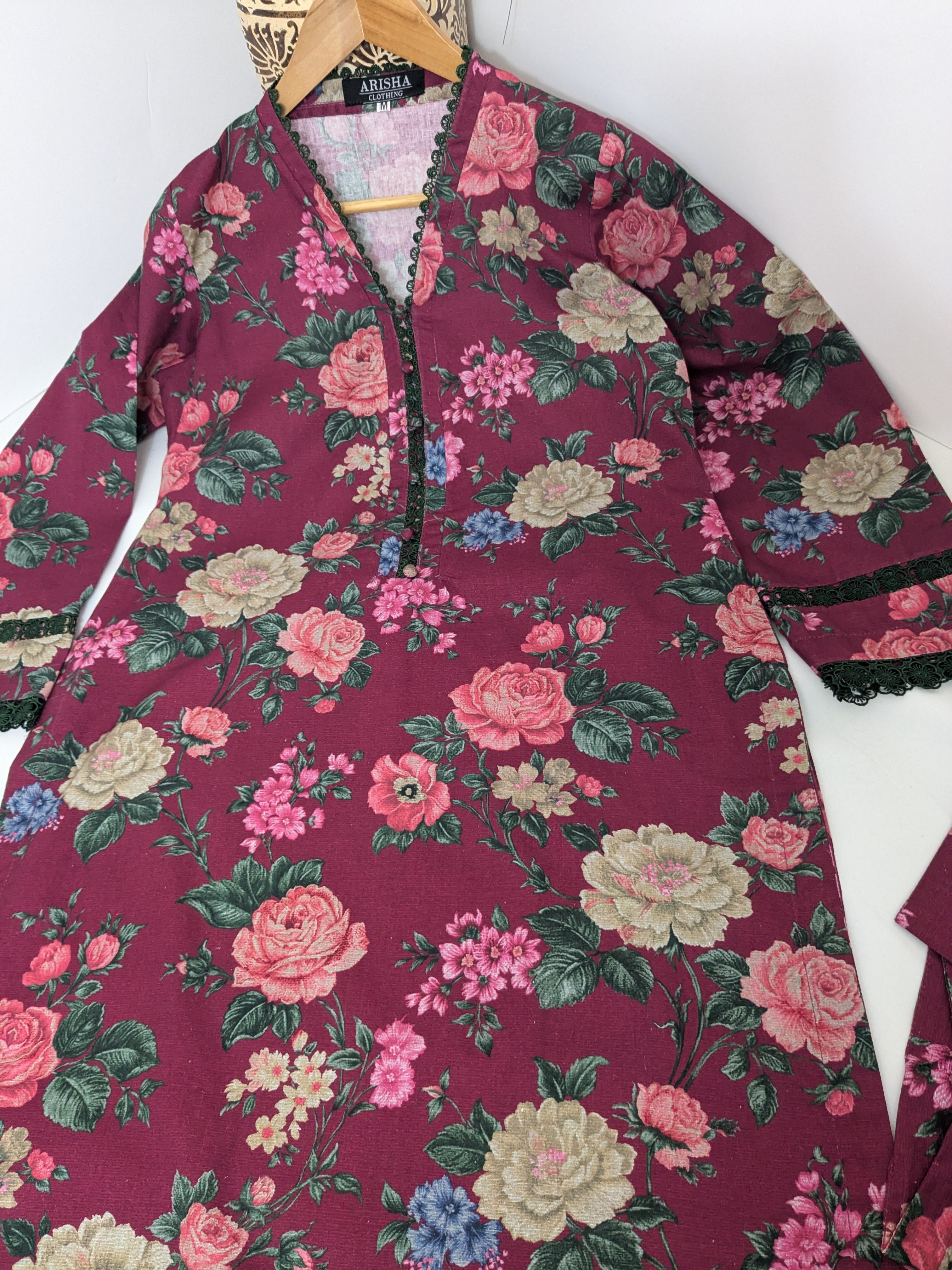 Baroque Burgundy Floral 3 Piece Khaddar Outfit