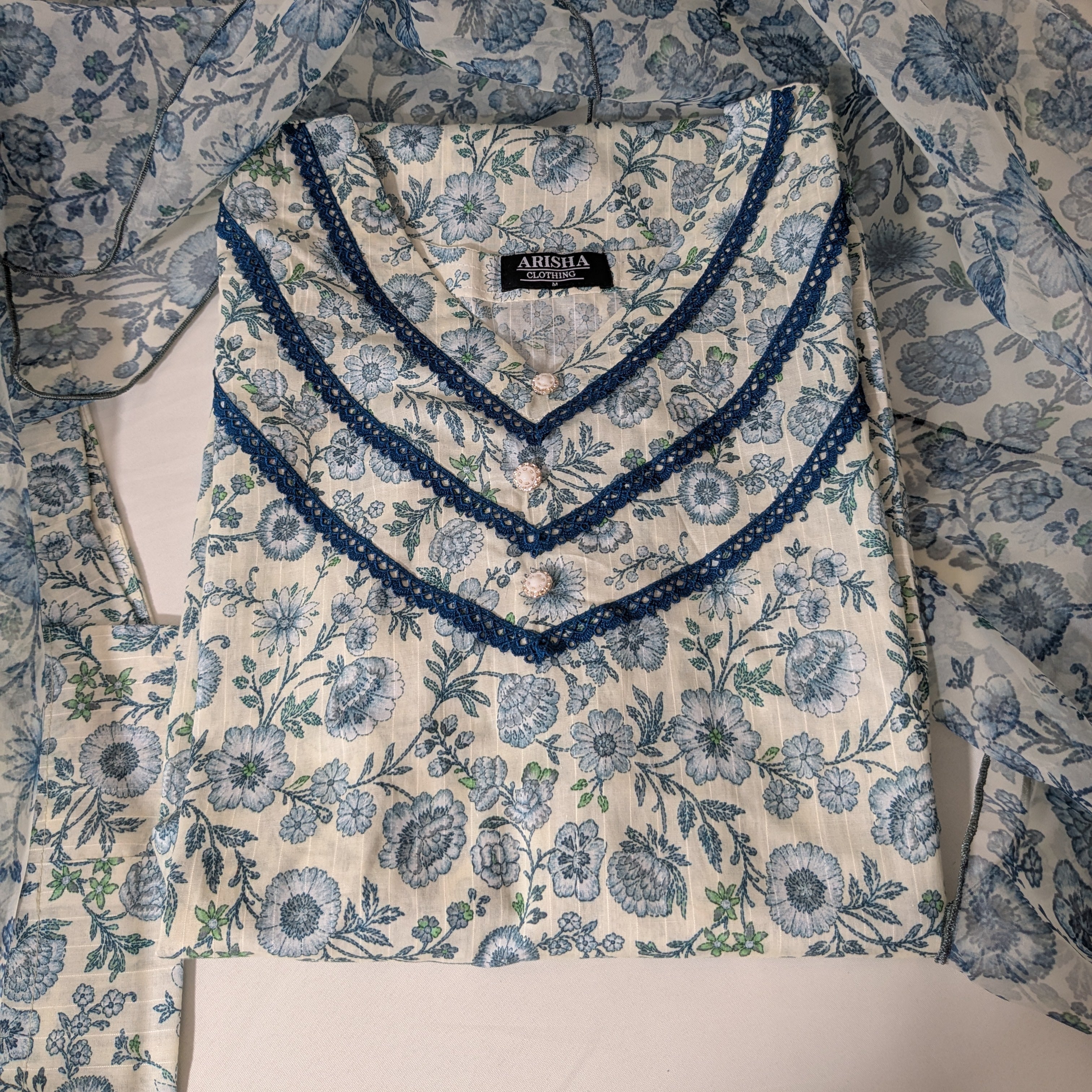 Ethnic White and Blue 3 Piece Lawn Outfit