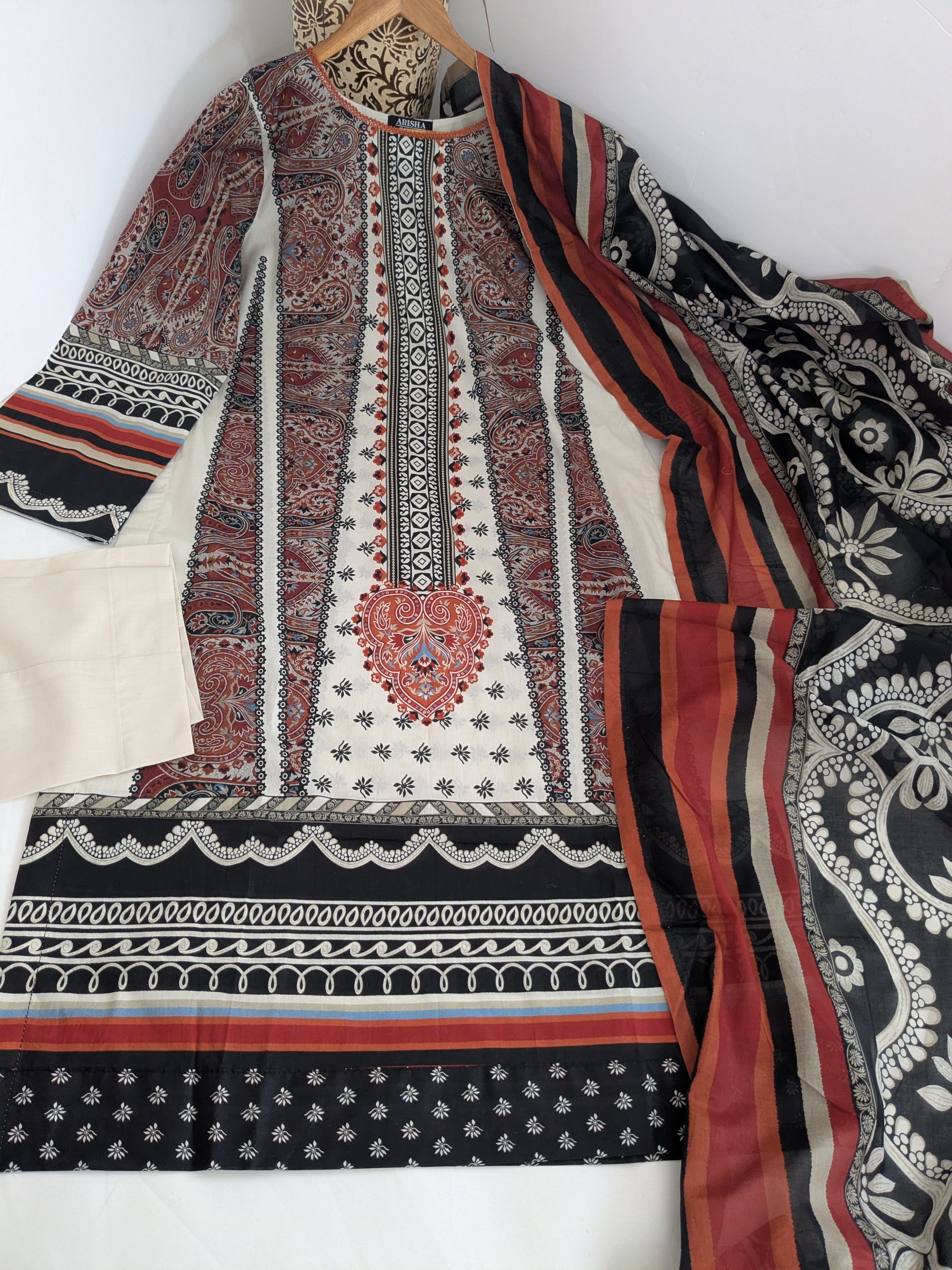 Khaadi Beige and Burnt Orange 3 Piece Cambric Outfit