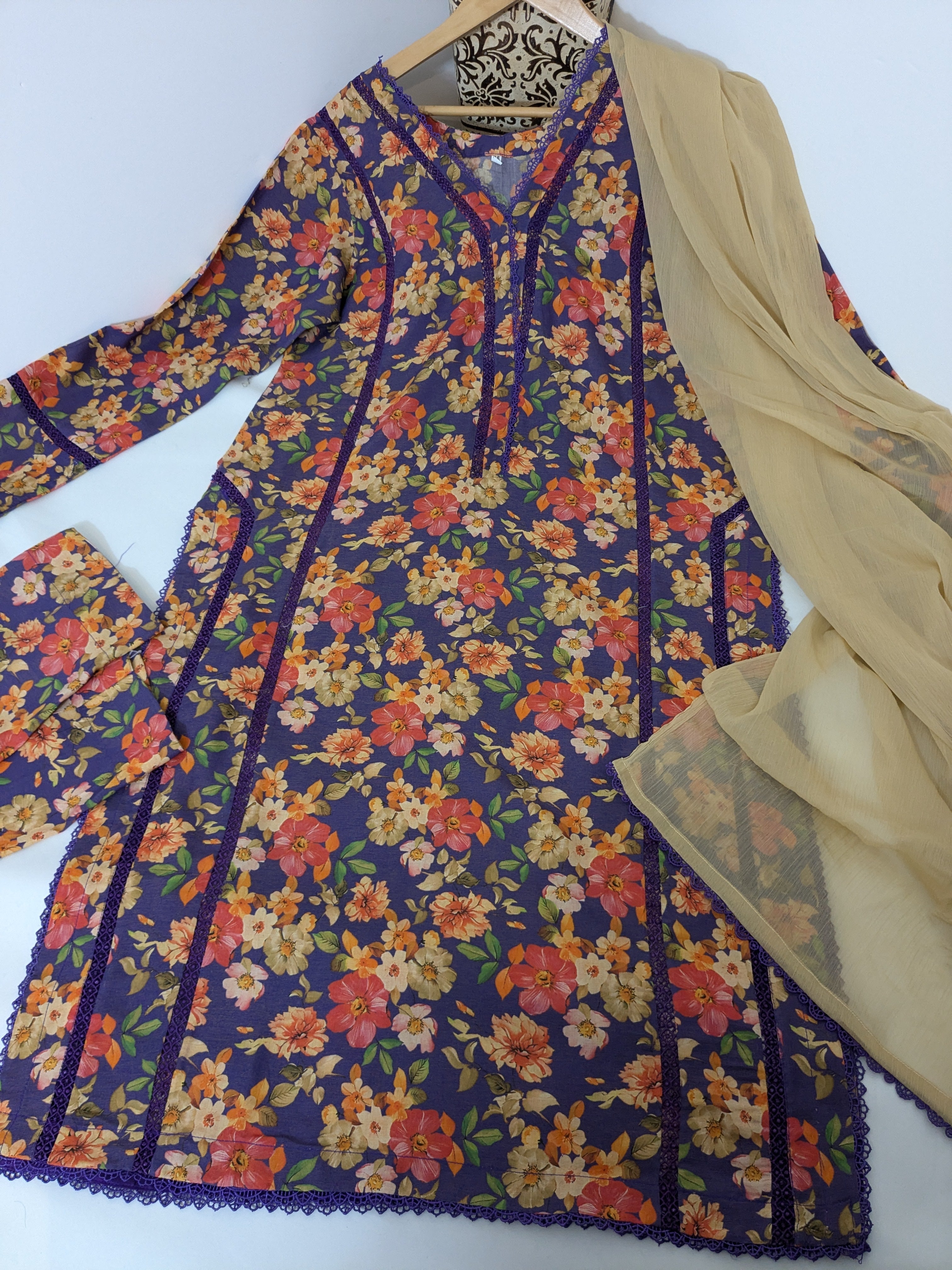 Blue Floral 3 Piece Linen Outfit