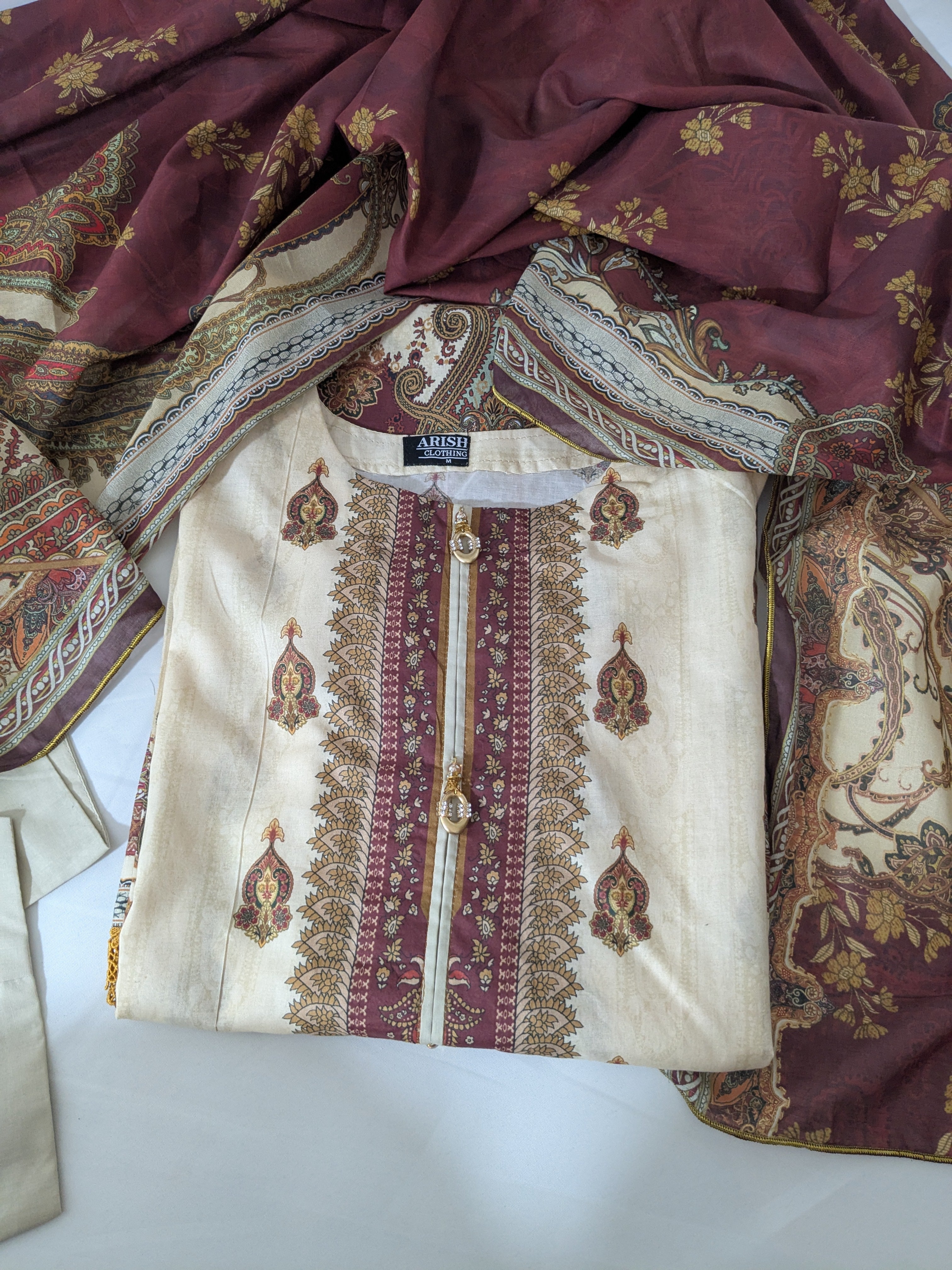 Asim Jofa Cream and Maroon 3 Piece Lawn Outfit