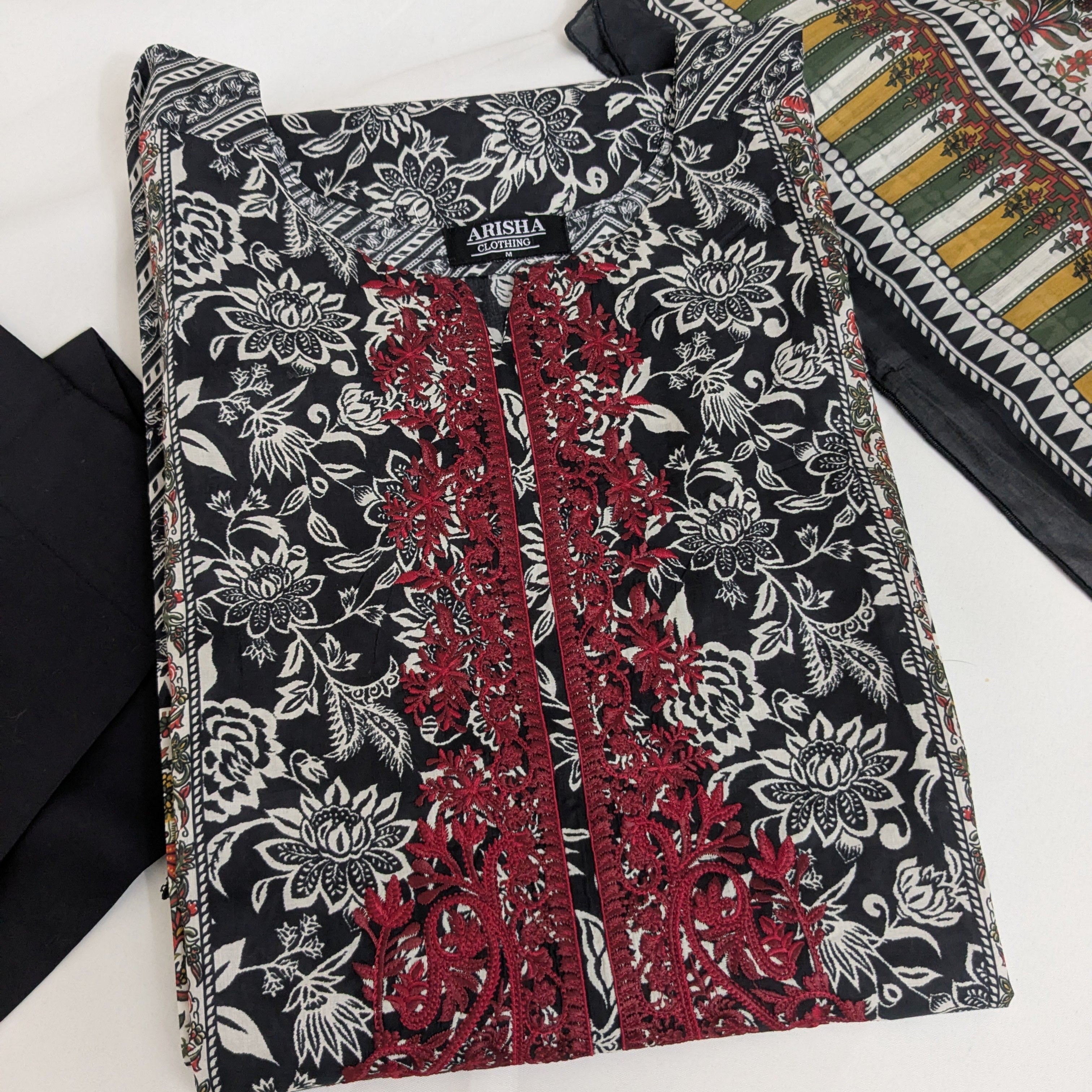 Khaadi Black and Maroon Embroidered 3 Piece Lawn Outfit