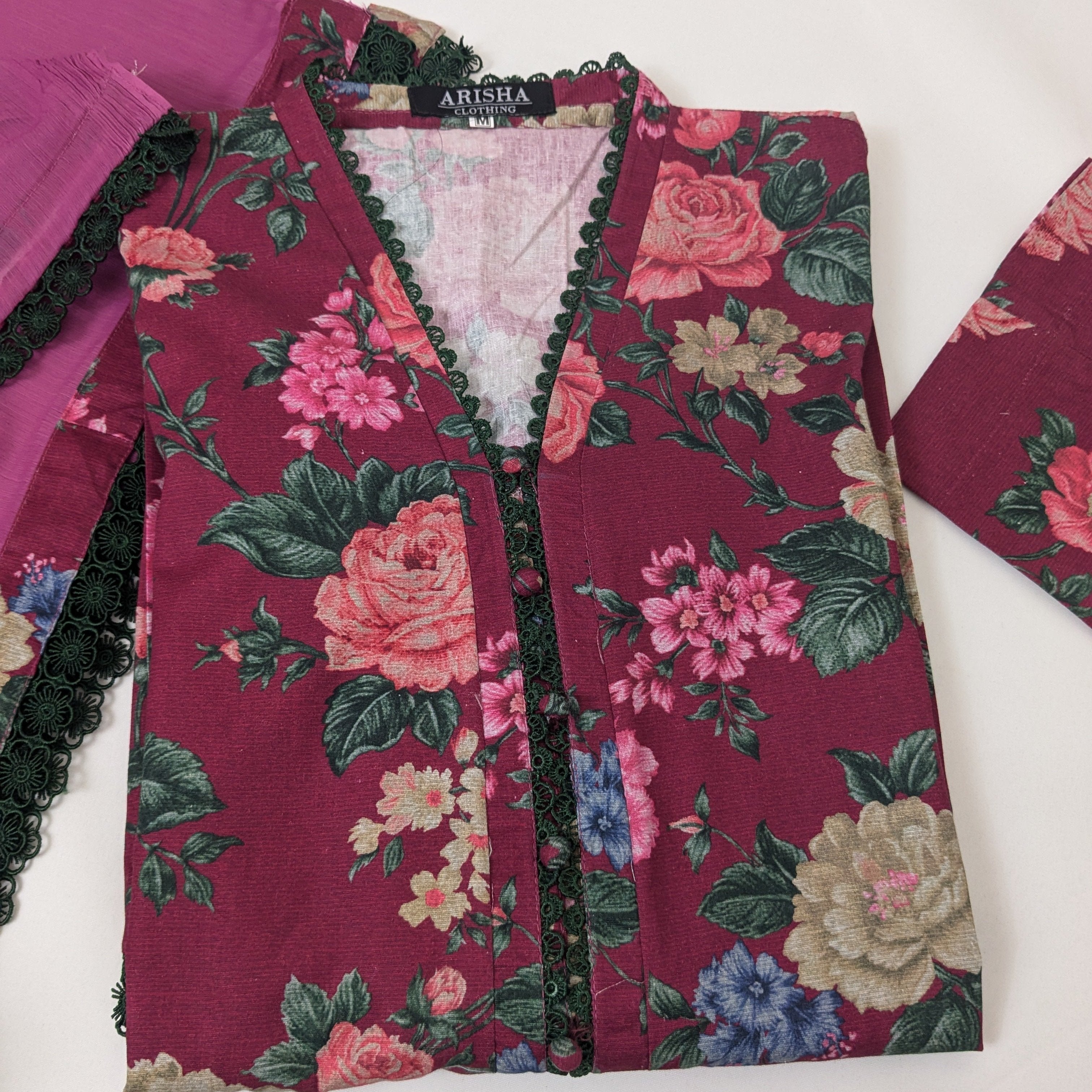 Baroque Burgundy Floral 3 Piece Khaddar Outfit