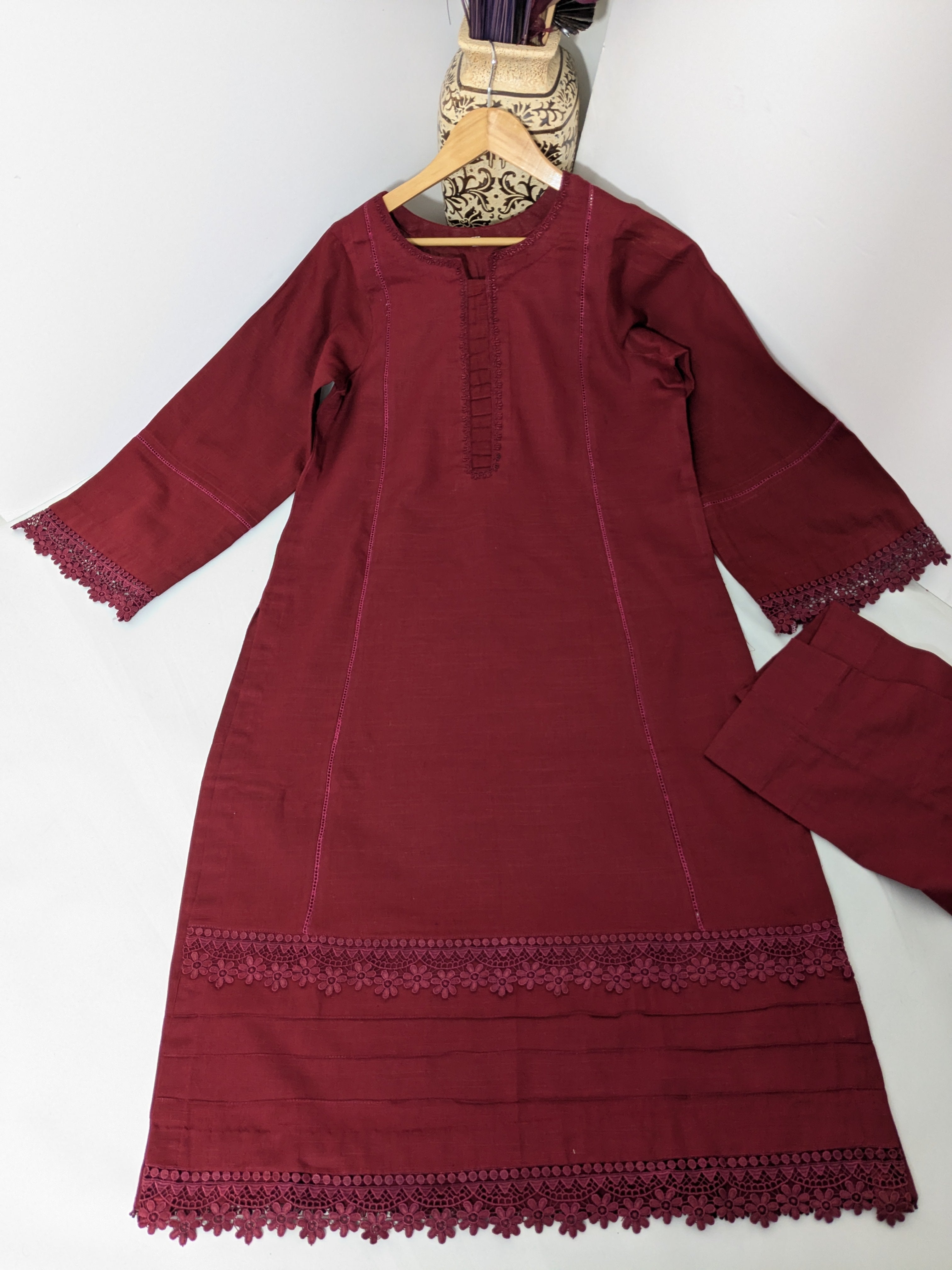 Maroon 3 Piece Khaddar Outfit (long kameez)