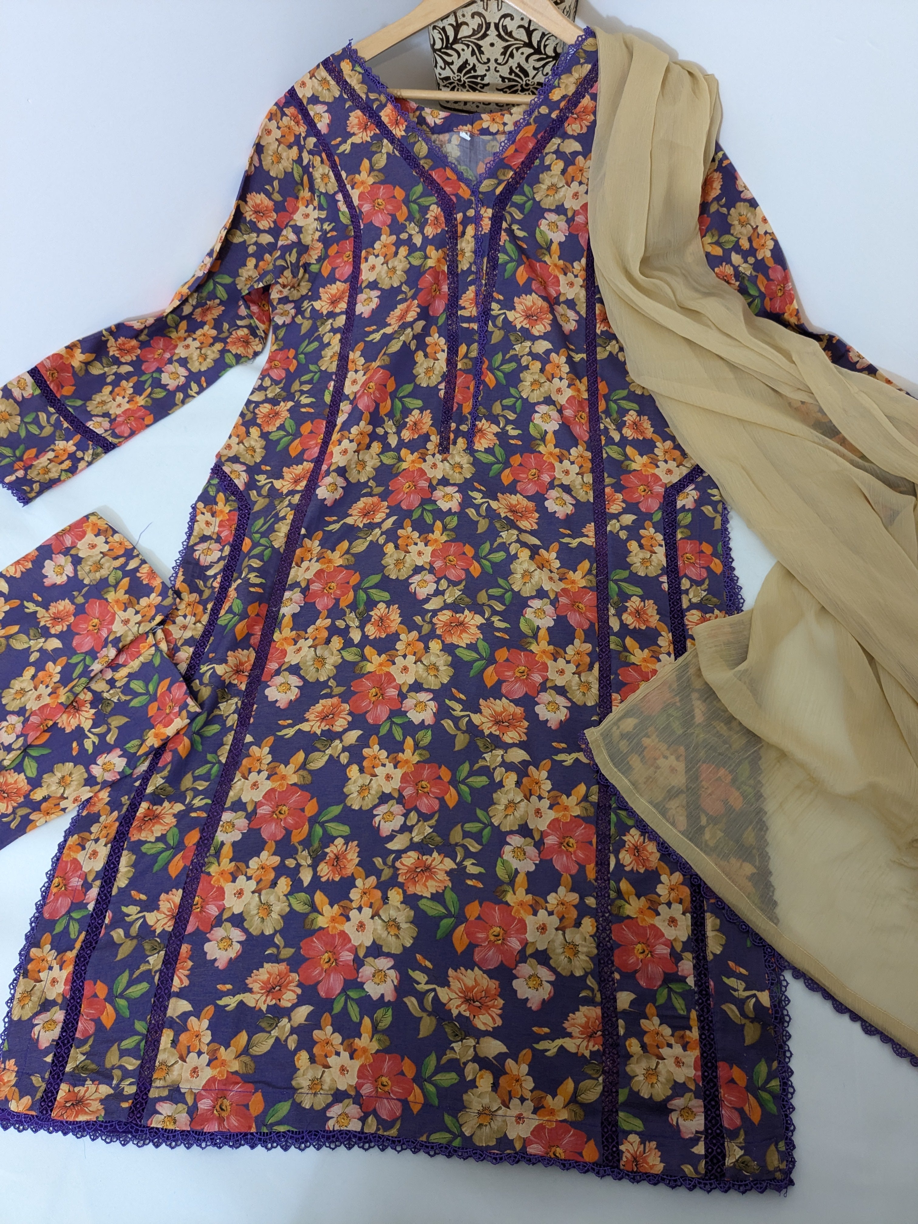 Blue Floral 3 Piece Linen Outfit