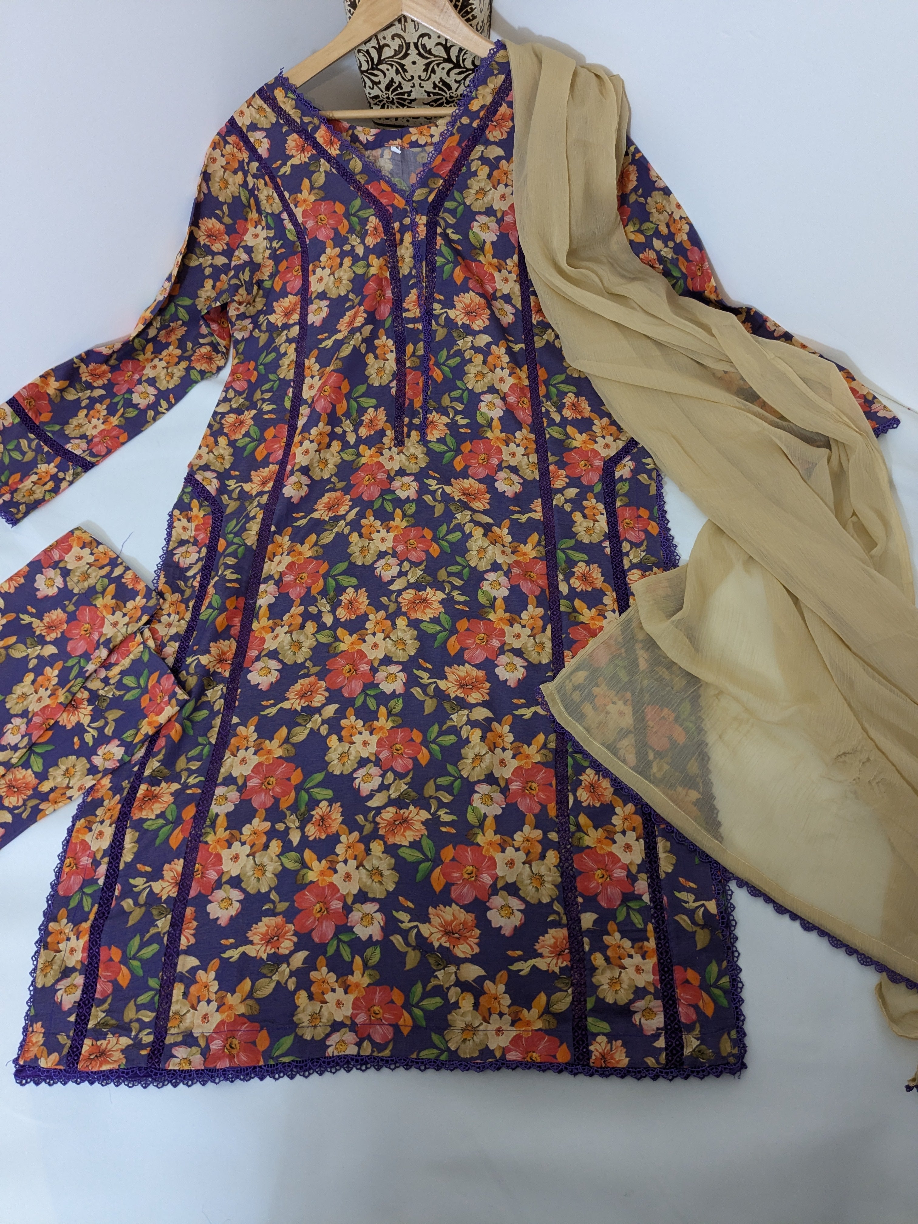 Blue Floral 3 Piece Linen Outfit