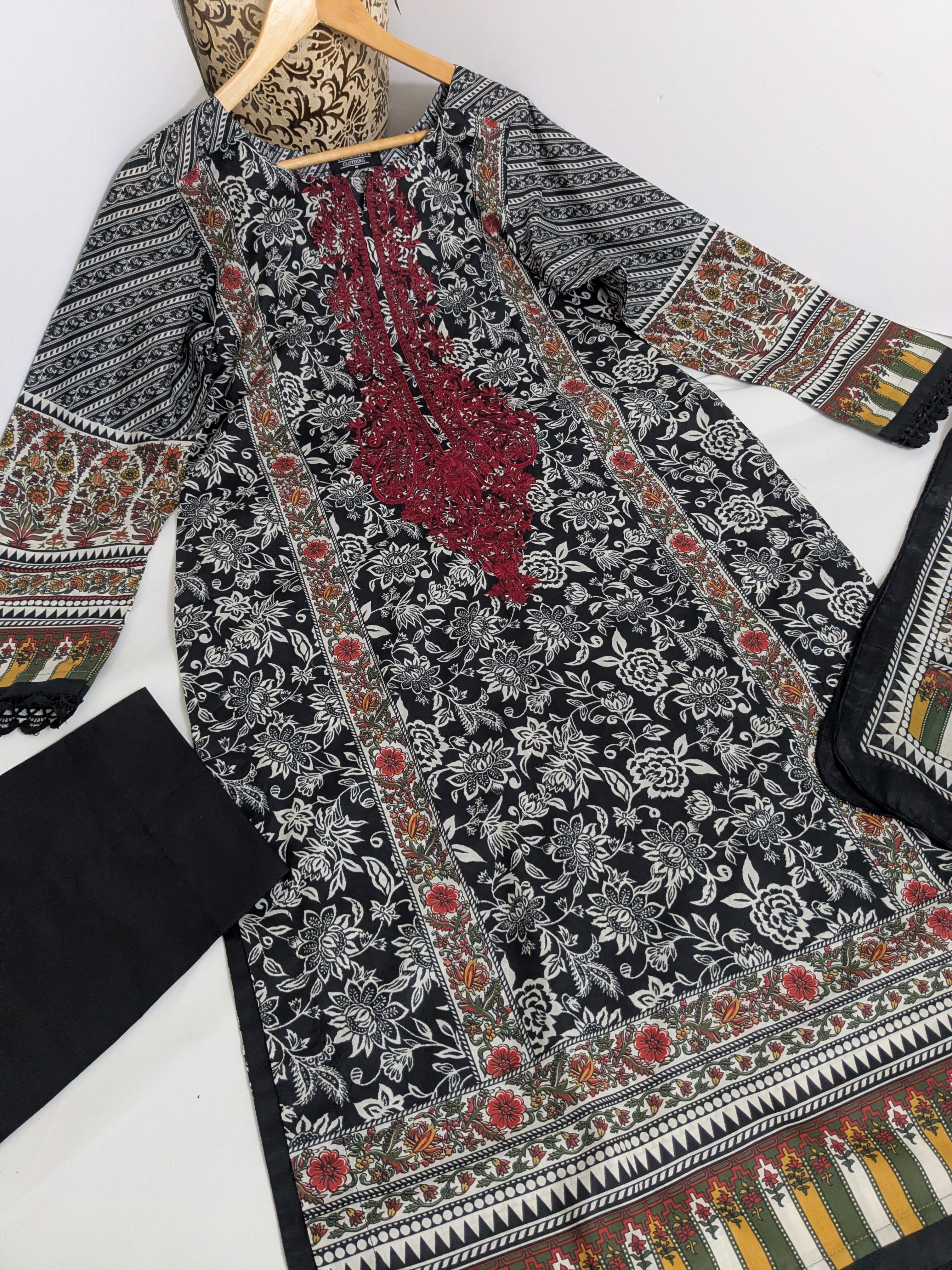 Khaadi Black and Maroon Embroidered 3 Piece Lawn Outfit