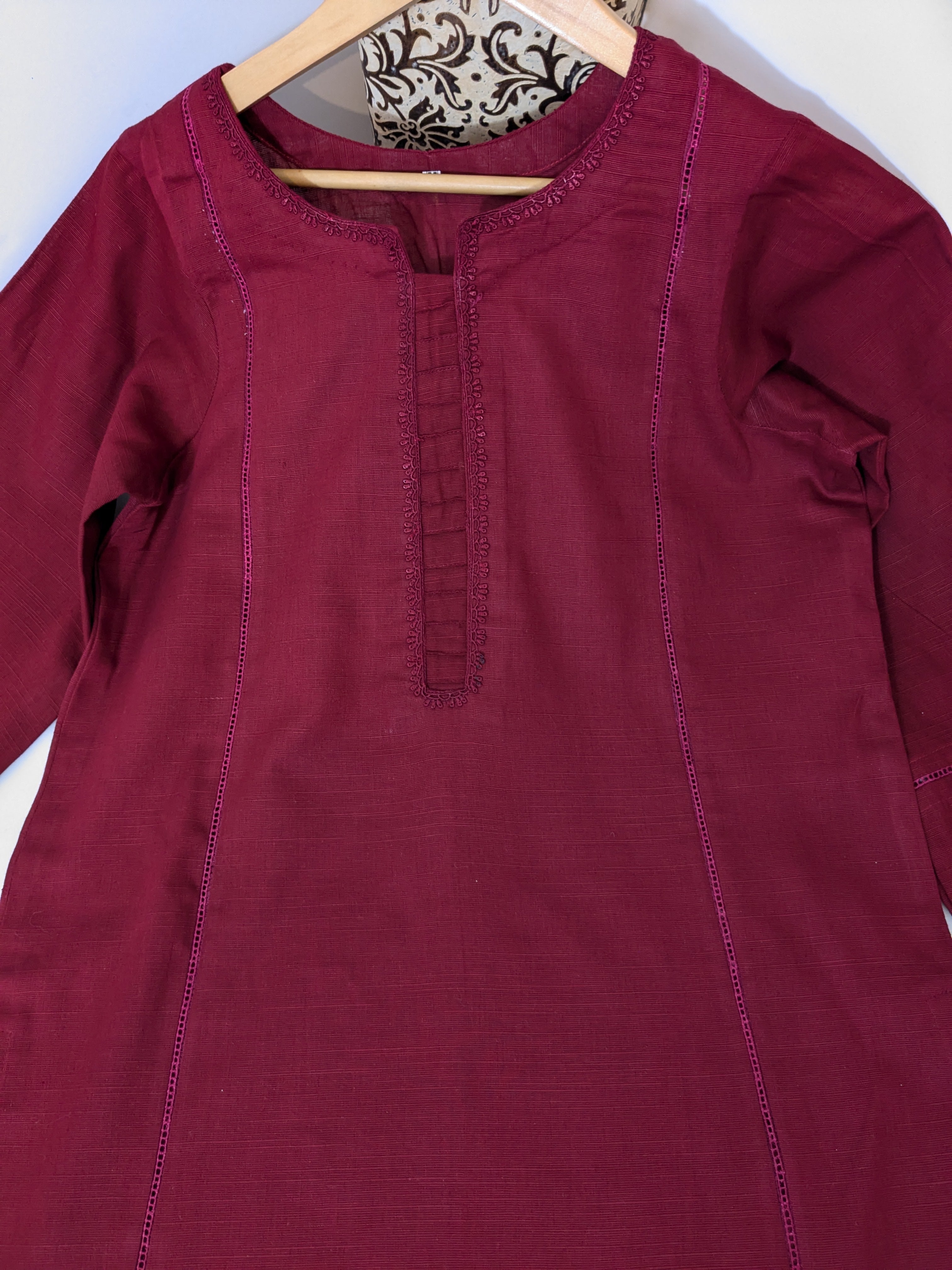 Maroon 3 Piece Khaddar Outfit (long kameez)