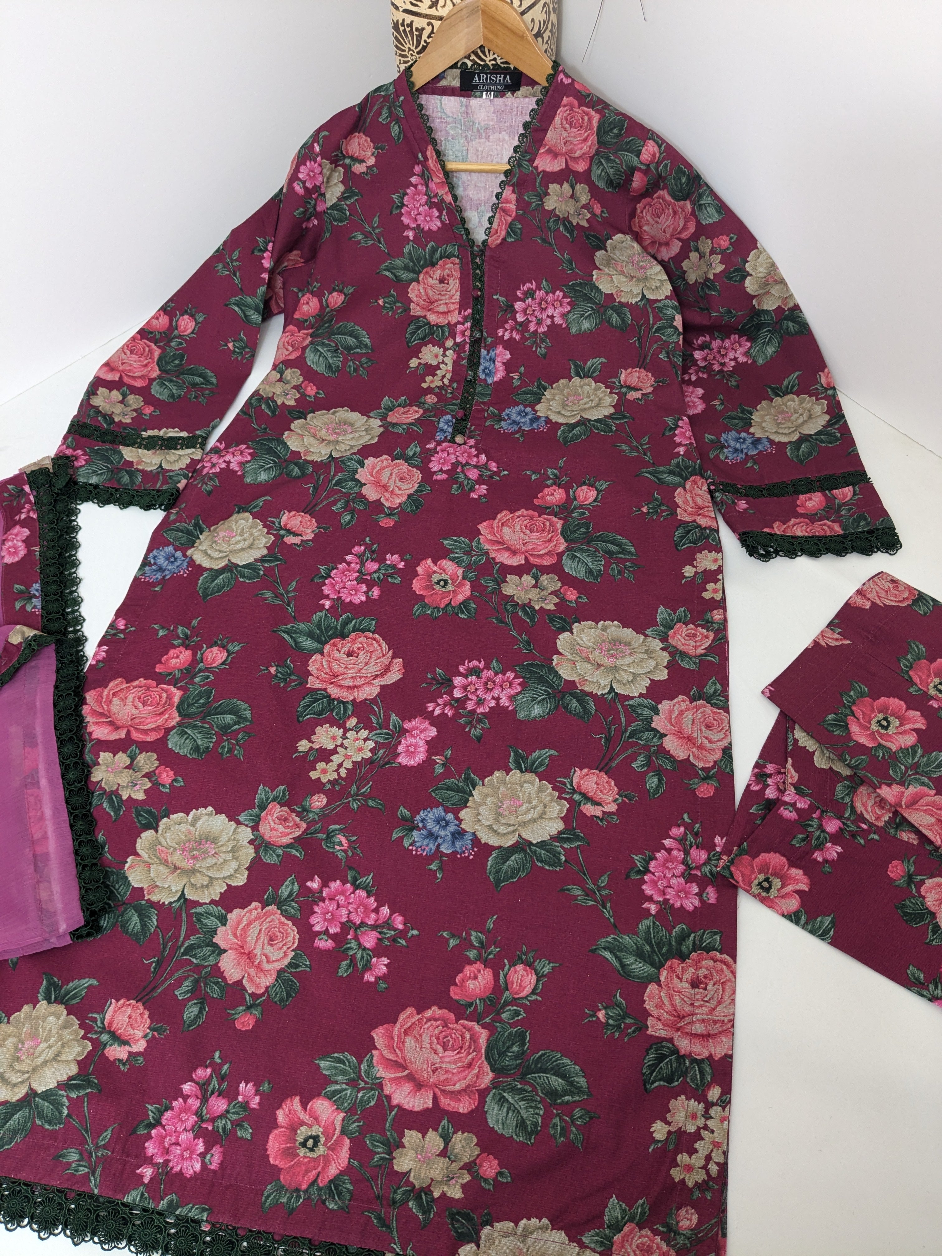 Baroque Burgundy Floral 3 Piece Khaddar Outfit