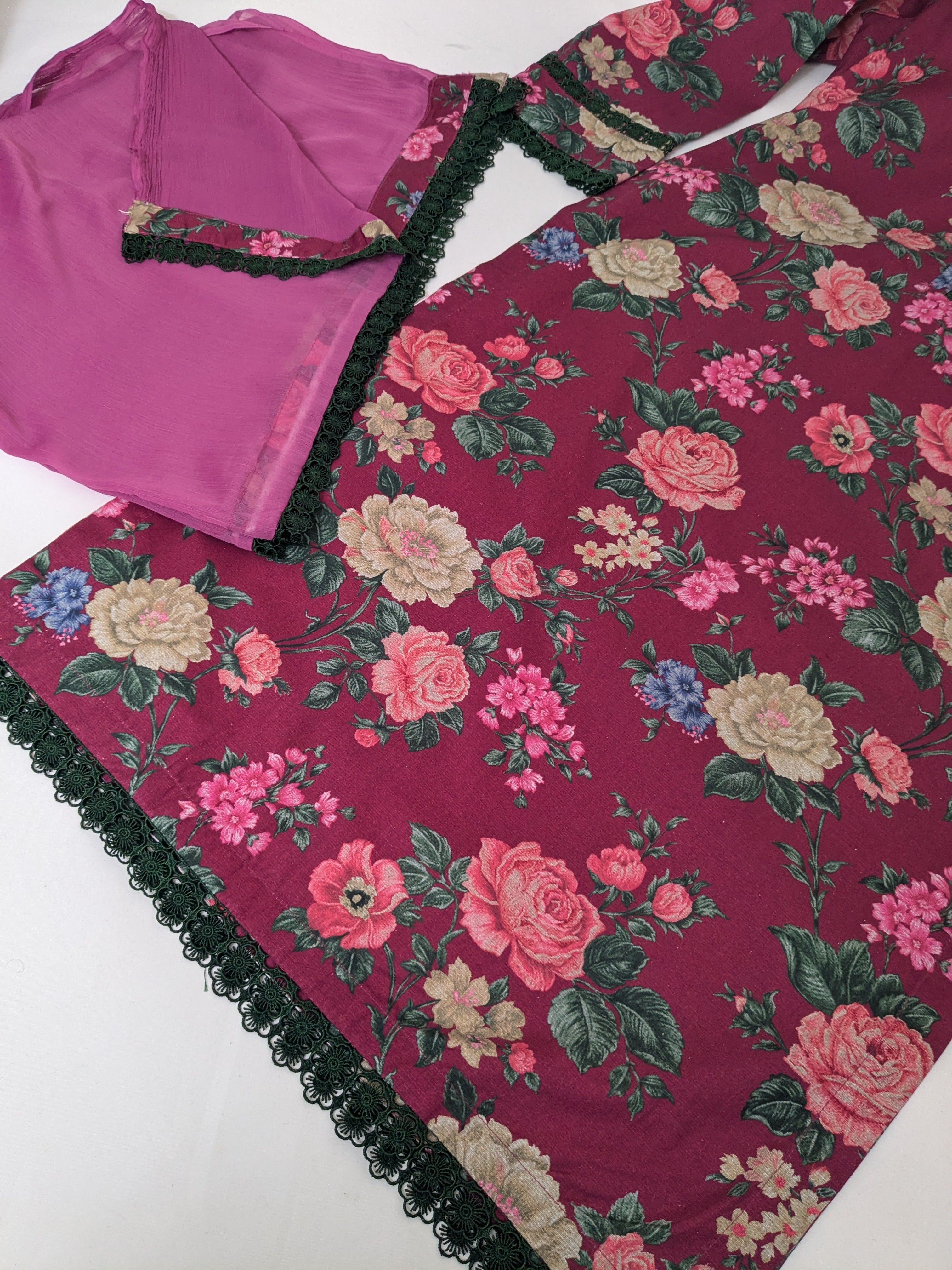 Baroque Burgundy Floral 3 Piece Khaddar Outfit