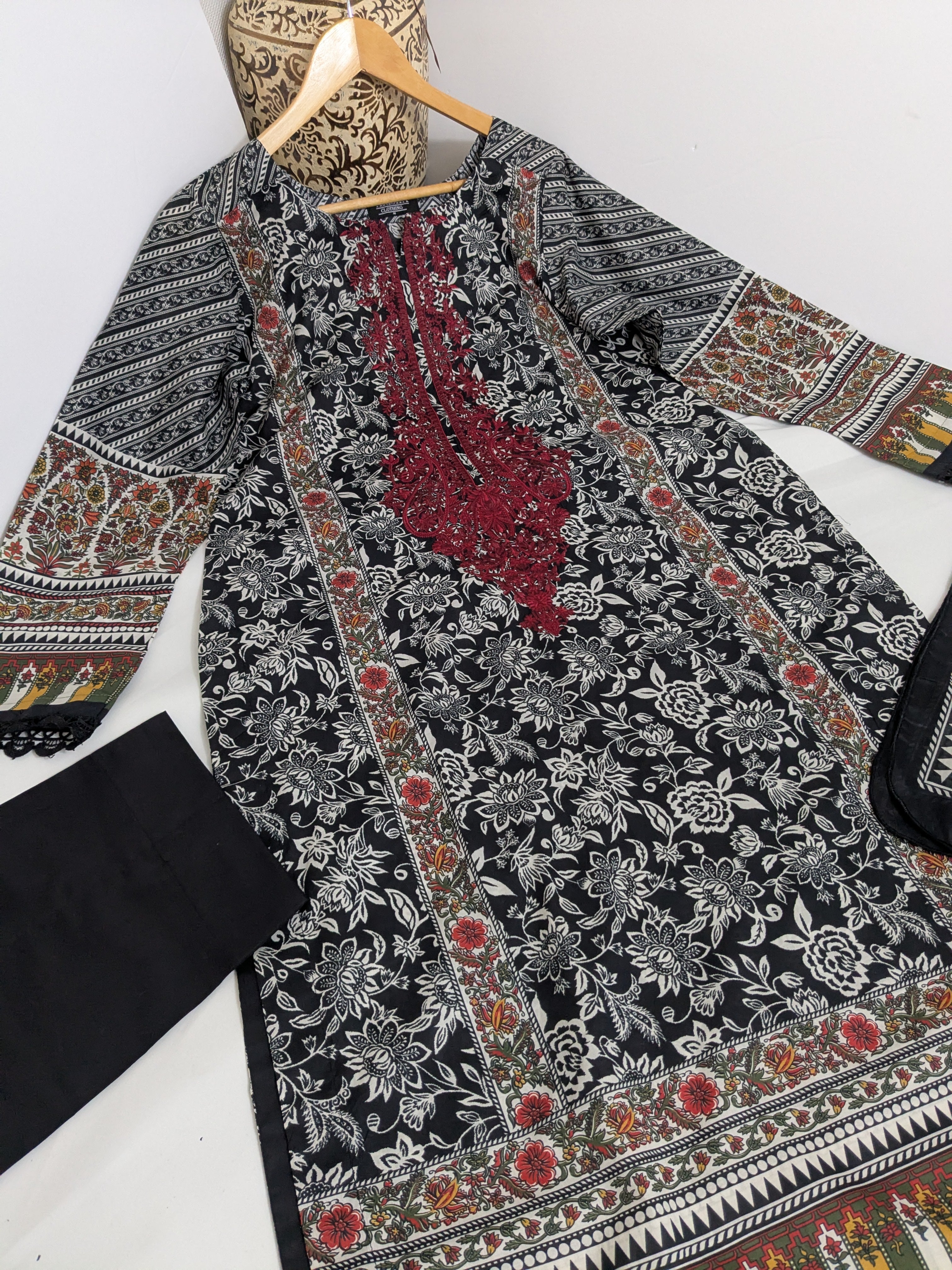 Khaadi Black and Maroon Embroidered 3 Piece Lawn Outfit