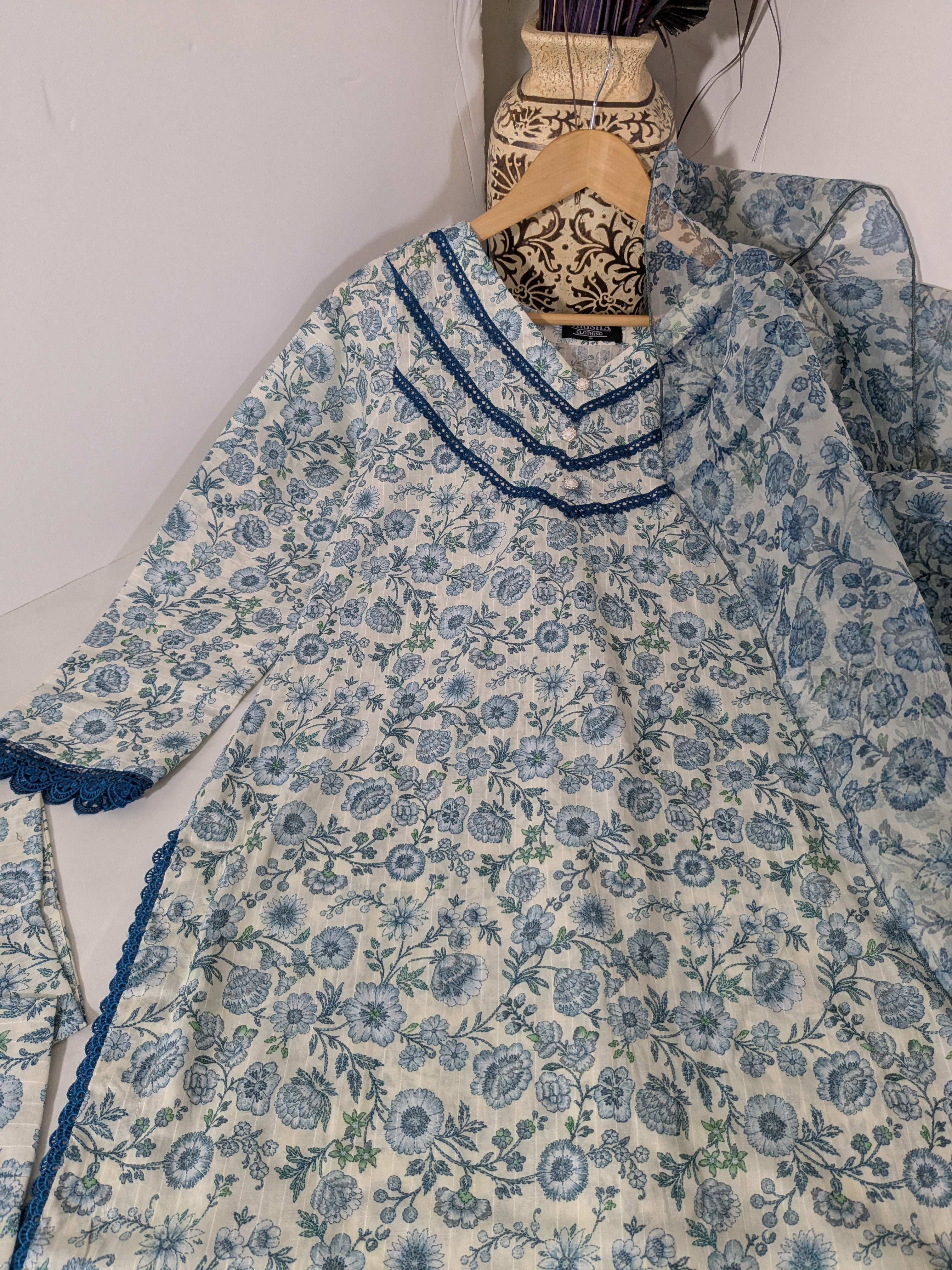Ethnic White and Blue 3 Piece Lawn Outfit