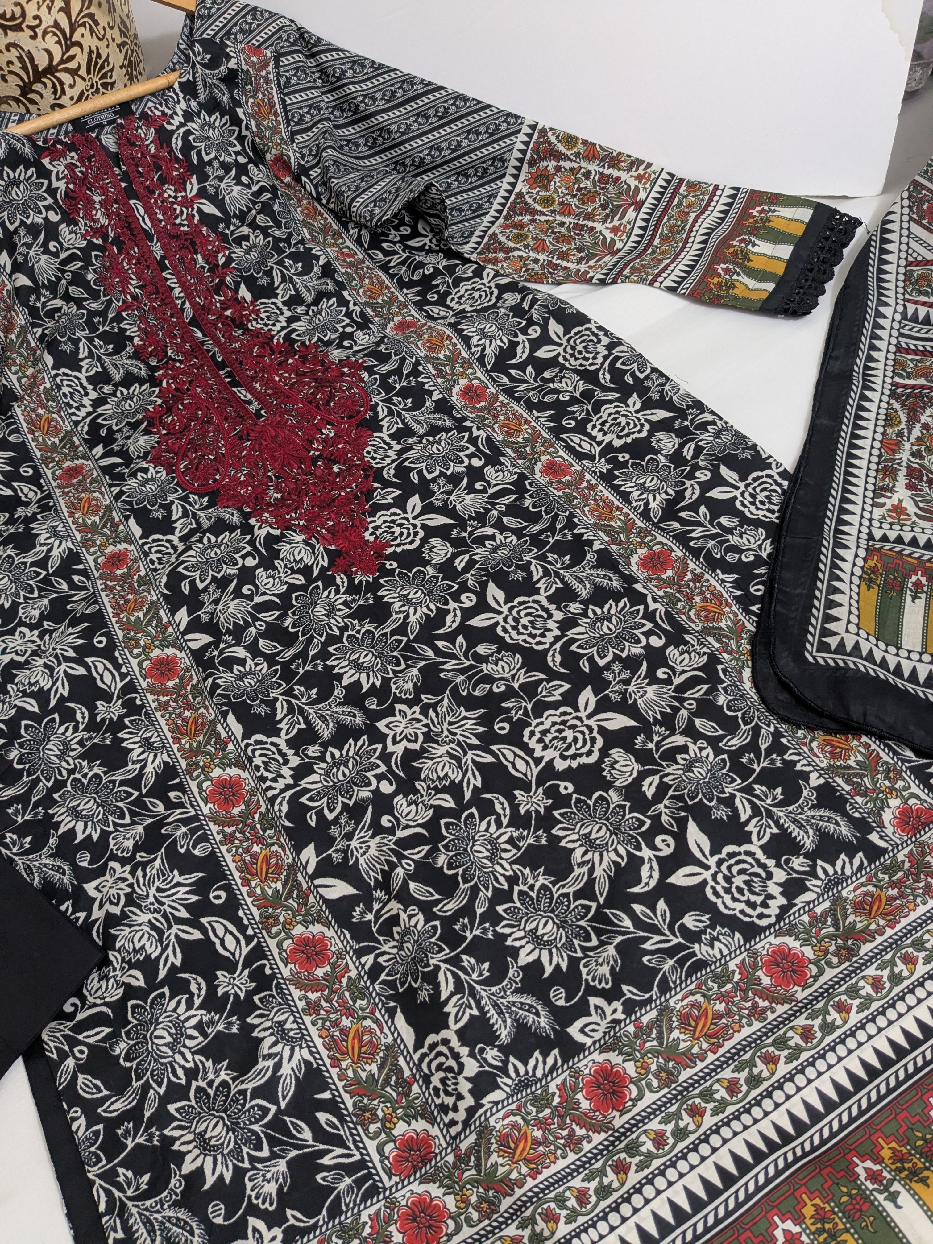 Khaadi Black and Maroon Embroidered 3 Piece Lawn Outfit