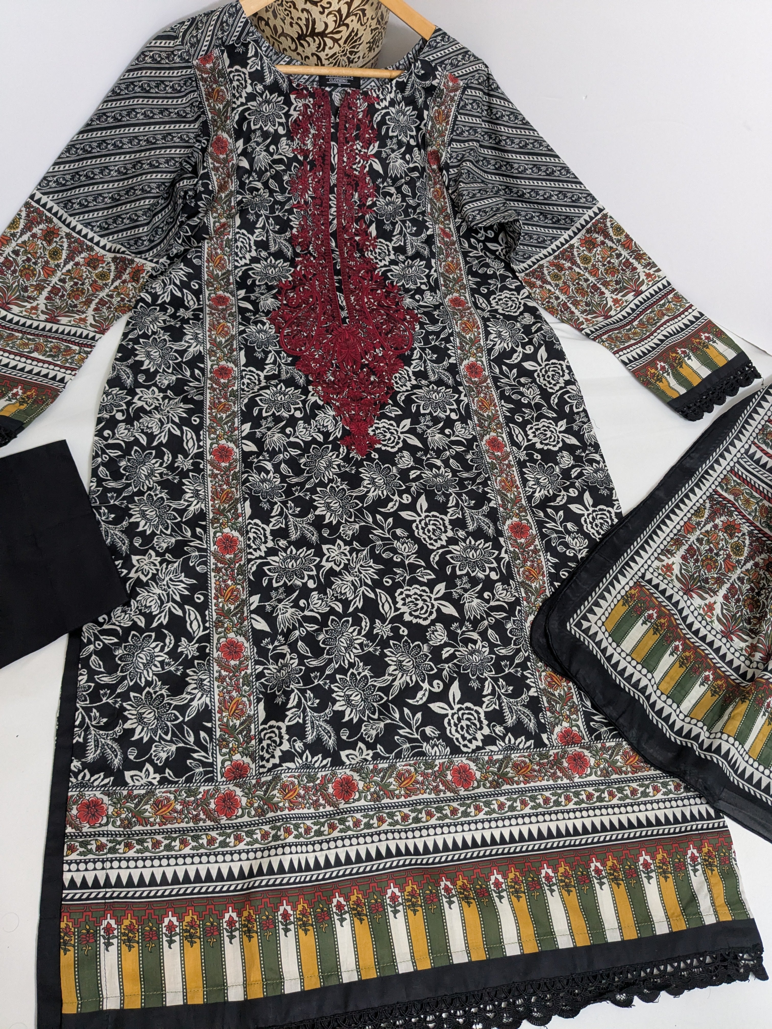 Khaadi Black and Maroon Embroidered 3 Piece Lawn Outfit