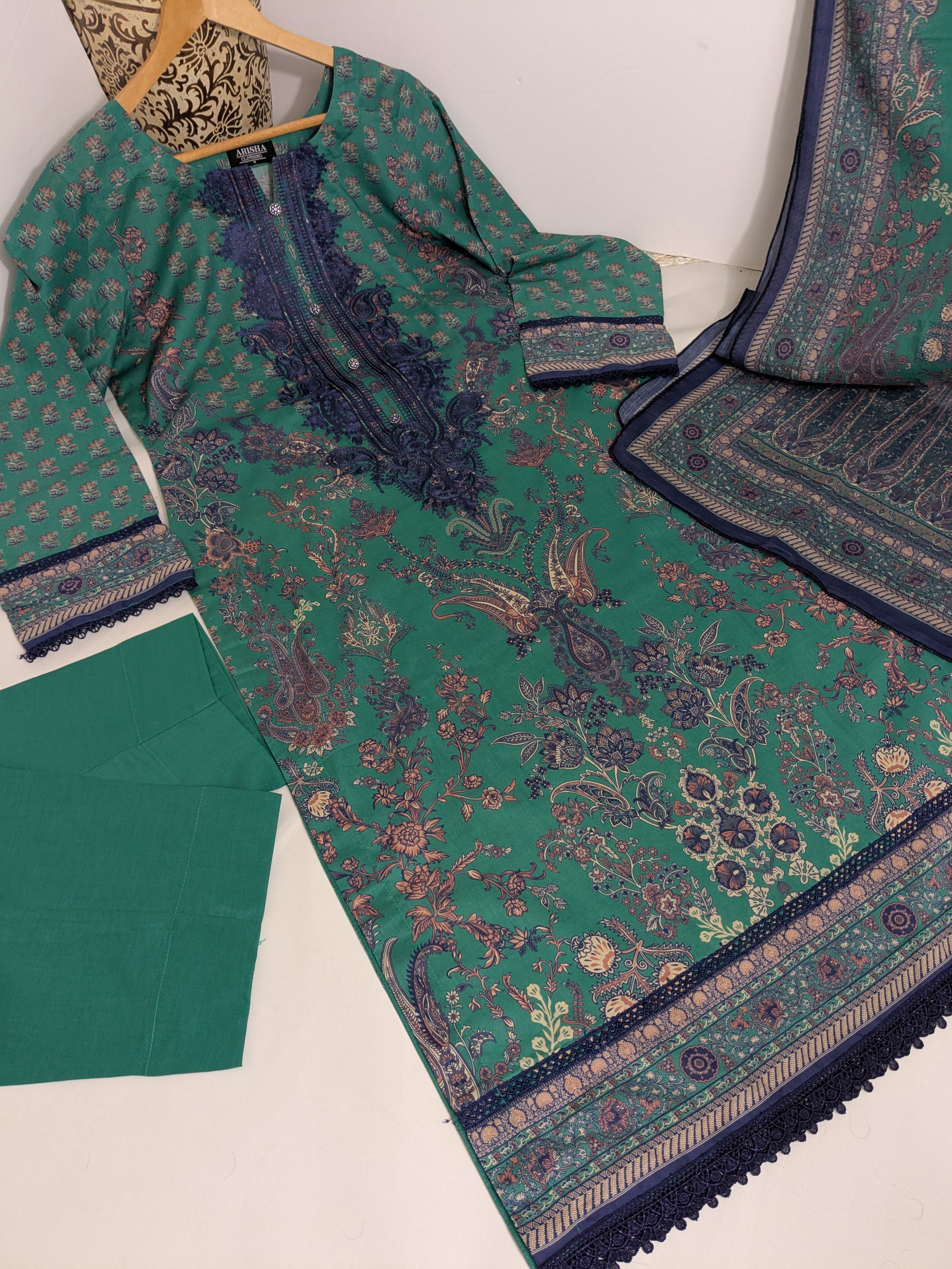 Khaadi Turquoise Embroidered 3 Piece Lawn Outfit