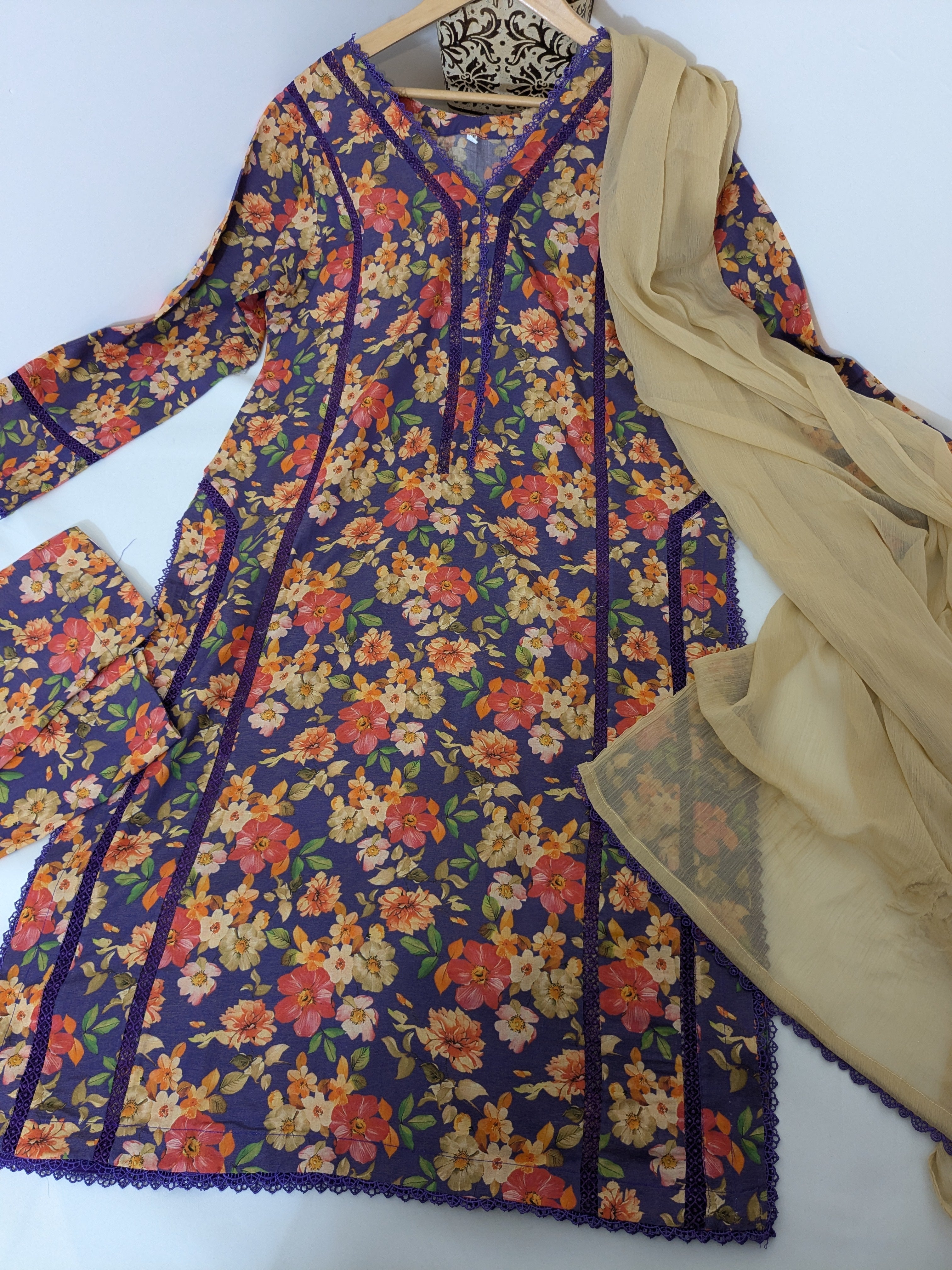 Blue Floral 3 Piece Linen Outfit