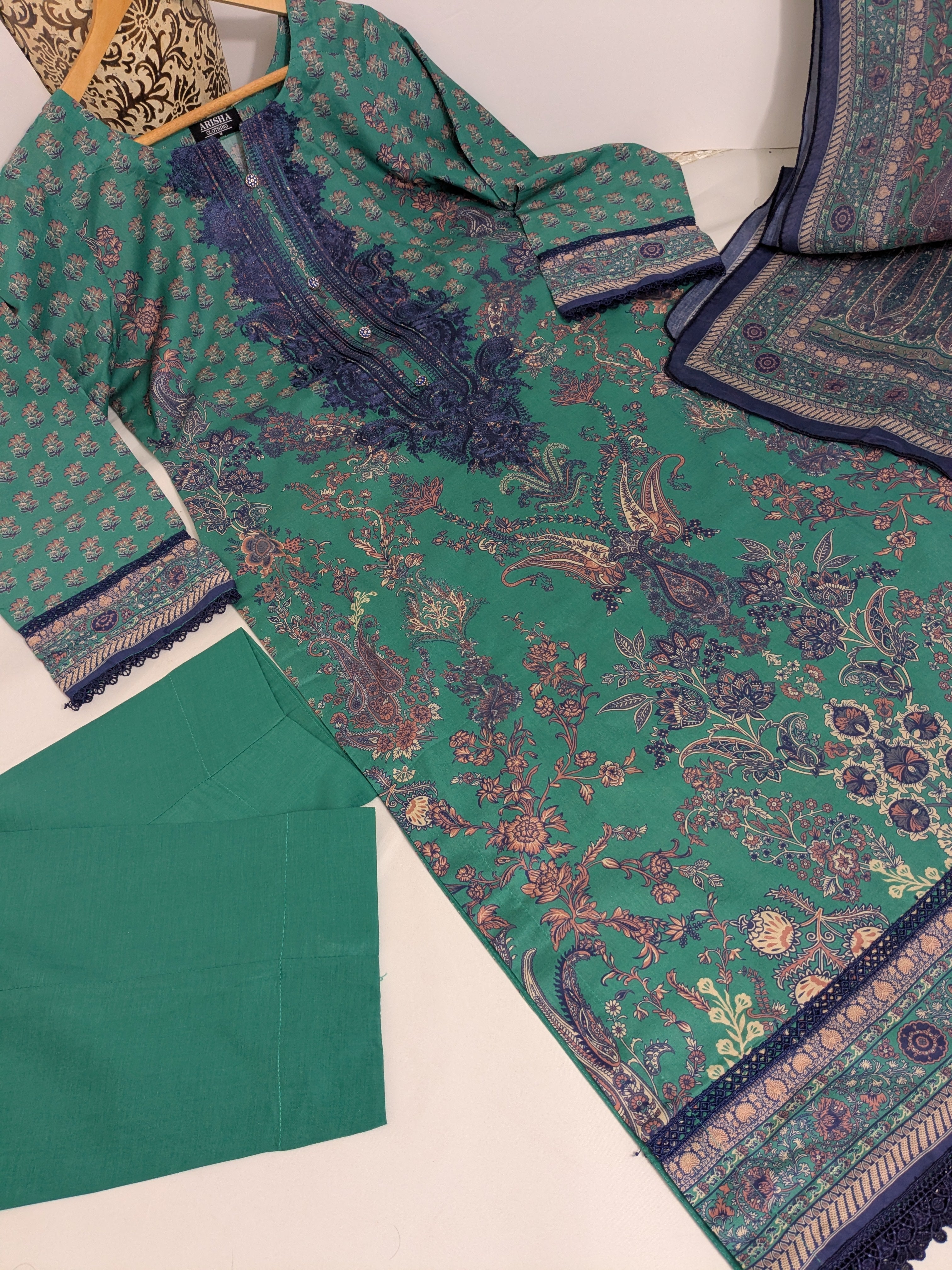 Khaadi Turquoise Embroidered 3 Piece Lawn Outfit