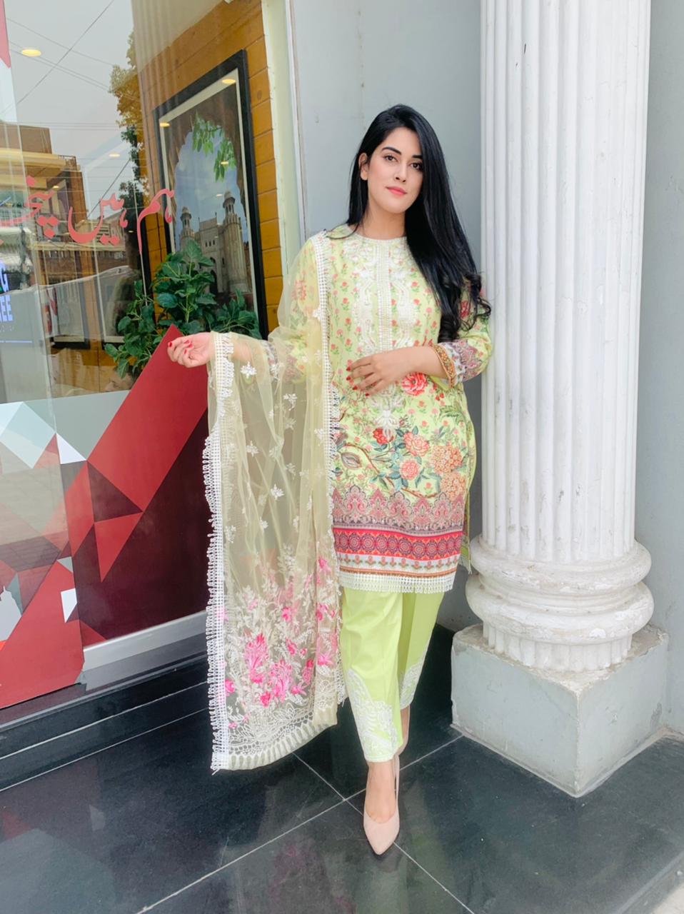 Light Lime Green 3 Piece Swiss Lawn Outfit